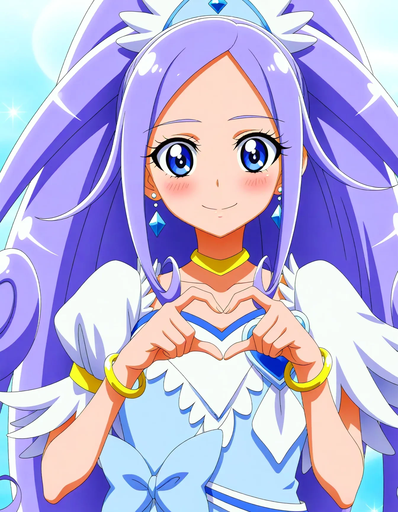 <lora:dmd2_sdxl_4step:1>,official style,masterpiece,best quality,newest,very aesthetic,highly detailed,high resolution,absurdres,highres,depth of field,super detailed skin,very awa,Anime,anime coloring,anime screencap,<lora:cure_diamond_V1:1>,cure diamond,blue hair,high ponytail,long hair,blue eyes,hair ornament,gem,jewelry,earrings,blur ribbon,heart brooch,choker,brooch,bracelet,blue bow,capelet,yellow choker,blue dress,yellow bracelet,smile,posing,embarrass,shy,blush,(heart hand pose:1.3),
