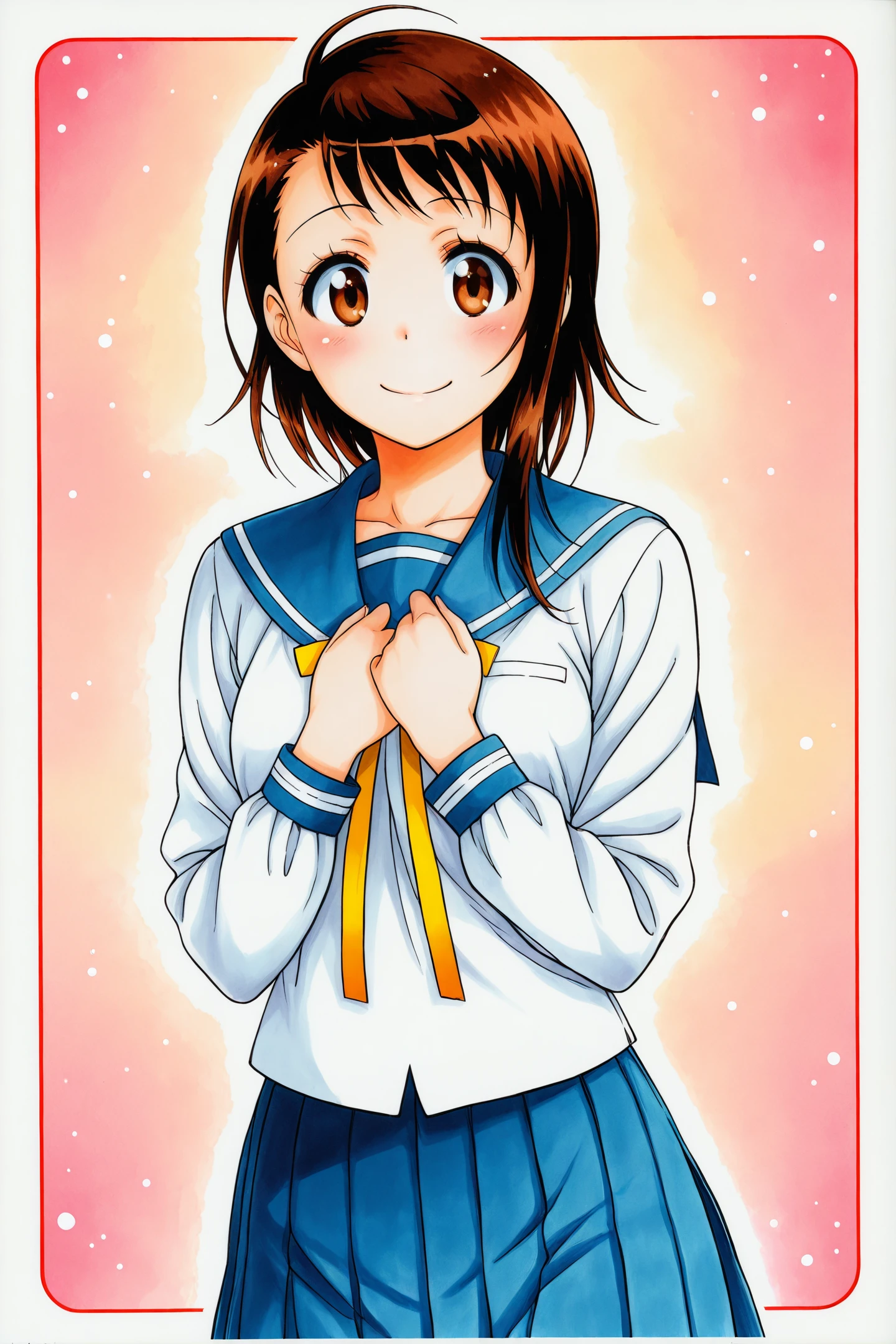 Comic Style,Onodera Kosaki,1girl,solo,smile,skirt,brown hair,school uniform,brown eyes,looking at viewer,blue skirt,pleated skirt,short hair,serafuku,shirt,yellow ribbon,white shirt,long sleeves,cowboy shot,blush,hands on own chest,
<lora:Naoshi Komi_illustriousXL:1>,