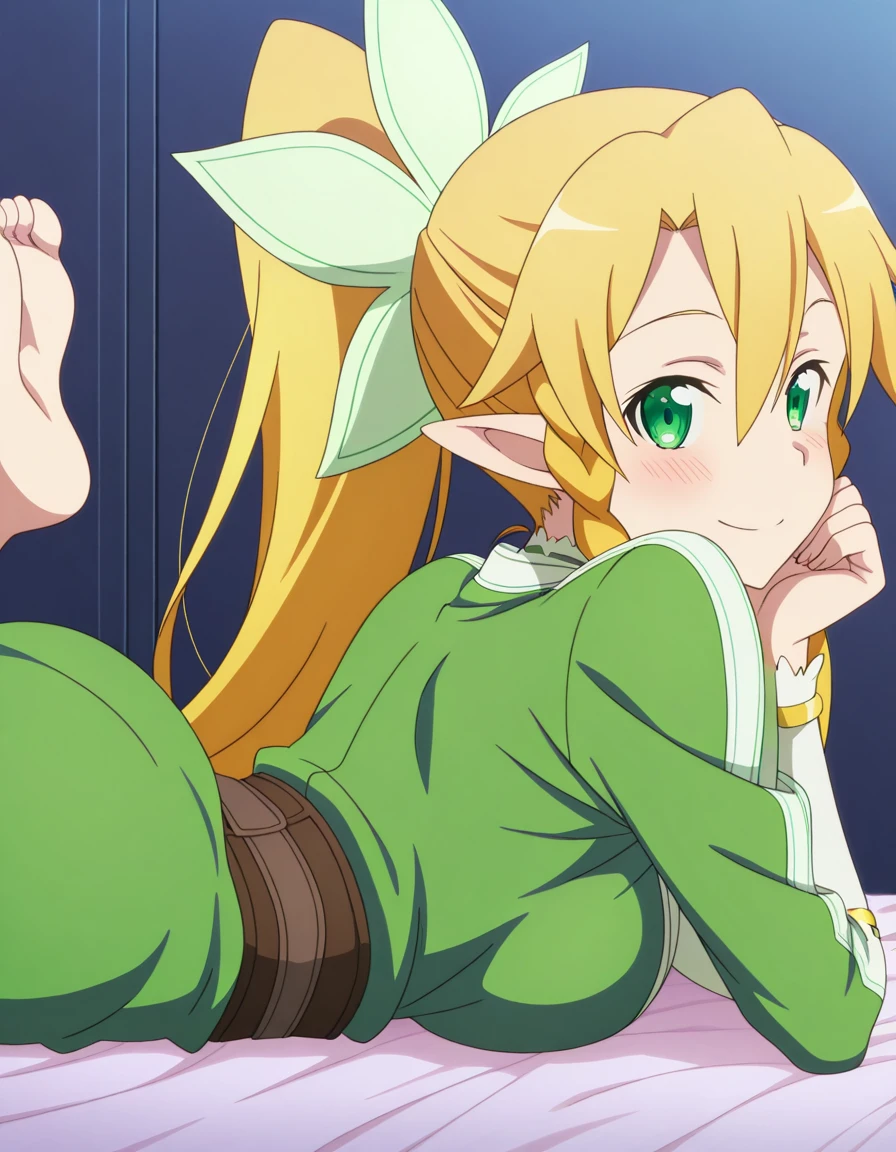 masterpiece, best quality, amazing quality,, <lora:suguha-kirigaya-s1-illustriousxl-lora-nochekaiser:1>, suguha kirigaya, leafa (sao), long hair, blonde hair, hair between eyes, green eyes, ponytail, braid, pointy ears, twin braids, mature female, breasts, anime screencap, <lora:the-pose-illustriousxl-lora-nochekaiser:1>, the pose, on stomach, feet up, lying, soles, feet, legs up, head rest, barefoot, ass, from behind, looking back, looking at viewer, smile, blush,, , ,
