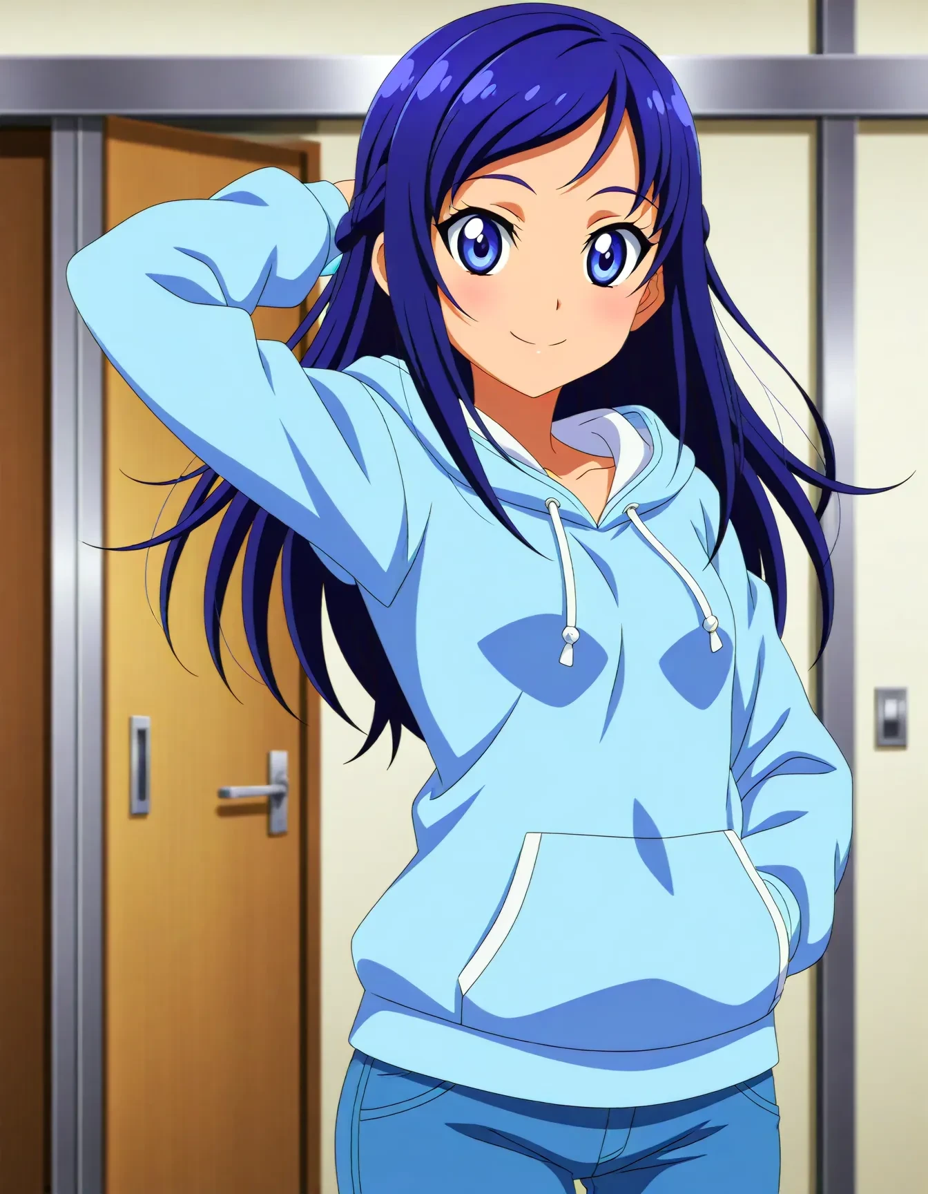 <lora:dmd2_sdxl_4step:1>,official style,masterpiece,best quality,newest,very aesthetic,highly detailed,high resolution,absurdres,highres,depth of field,super detailed skin,very awa,Anime,anime coloring,anime screencap,<lora:cure_diamond_V1:1>,hishikawa rikka,long hair,blue eyes,blue hair,small breasts,smile,posing,hoodie,jeans,