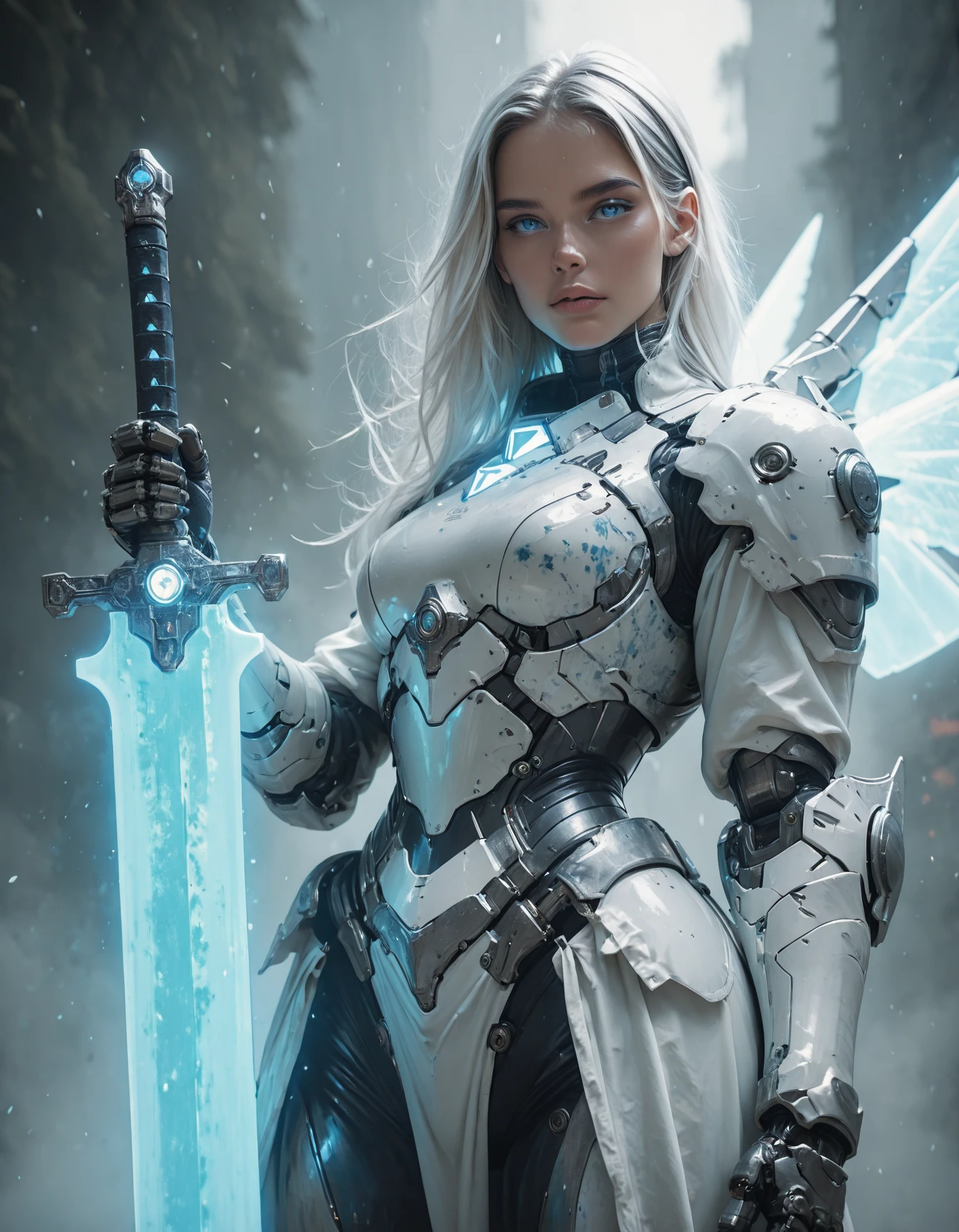 masterpiece, best quality, amazing quality, very aesthetic, high resolution, absurdres, newest, photorealism, realistic,,dynamic close up angle,1girl, white hair, blue eyes, white mecha armor with blue details, white mecha wings, holding blue sword, blue glowing sword, spacestation in background, glowing, otherworldly glow<lora:HKStyleILV2:0.85> hkstyle <lora:MechaKnightsIL:0.85> hkmecha