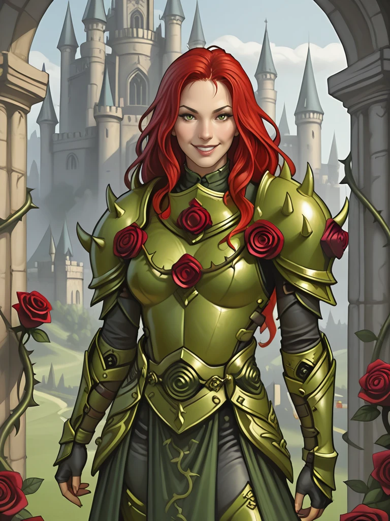 <lora:Tepet_Ejava_-_The_Roseblack__Exalted:0.7>
tepetejava,,long hair, red hair, green eyes,,armor, shoulder armor,,roses, thorns
standing in a castle, cowboy shot, looking at viewer, smiling