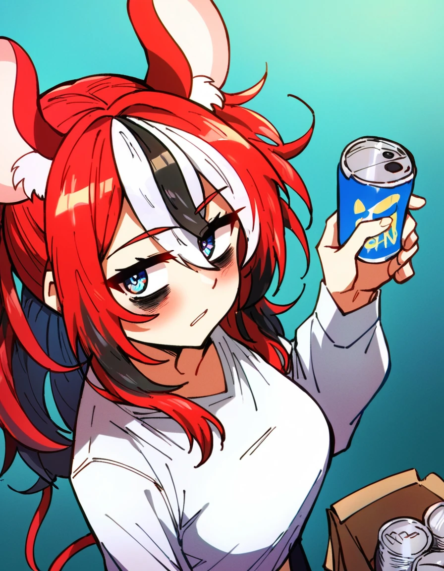 score_9, score_8_up, score_7_up, score_6_up, source_anime, anime coloring, <lora:by_ddolbang-pony-000017:0.8> by ddolbang, 1girl, hakos baelz, animal ears, virtual youtuber, mouse ears, white hair, red hair, multicolored hair, black hair, solo, shirt, mouse girl, blue eyes, bags under eyes, streaked hair, tail, looking at viewer, blush, white shirt, mouse tail, breasts, can, long hair