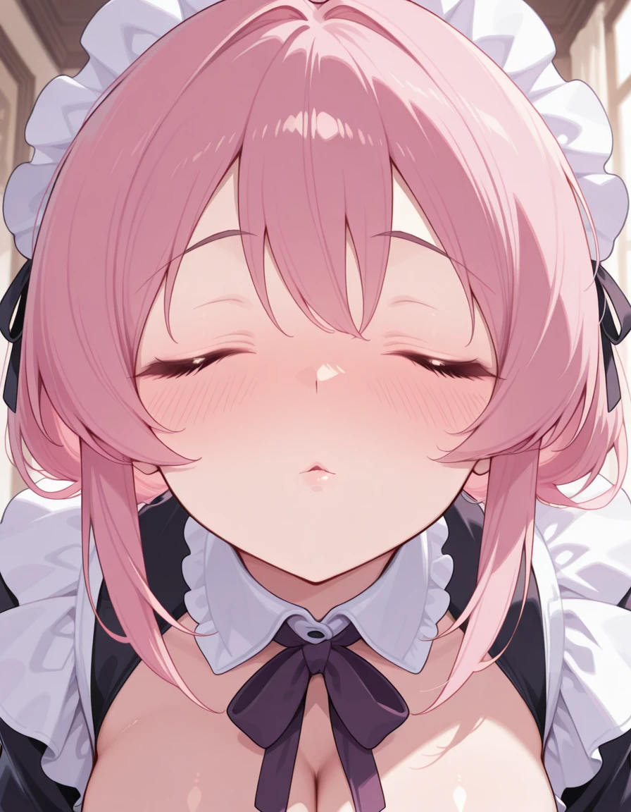 masterpiece, best quality, amazing quality,, <lora:CivChan:1>, CivChan, purple eyes, pink hair, mature female, breasts, maid headdress, , <lora:incoming-kiss-illustriousxl-lora-nochekaiser:1>, incoming kiss, closed eyes, blush, pov, upper body, , ,