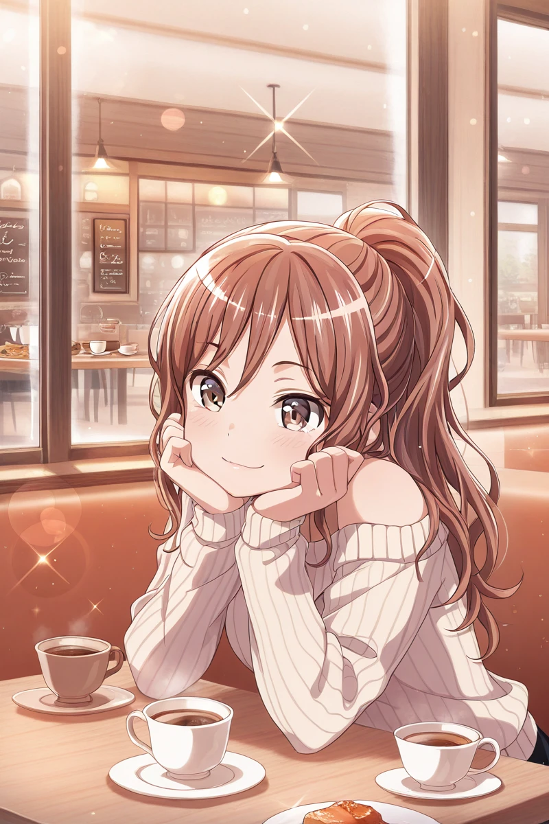 masterpiece, best quality, amazing quality,
 <lora:Lisa_IL:1> lisa_imai, 1girl, cup, teacup, saucer, solo, smile, brown hair, restaurant, sweater, food, light particles, cafe, long hair, indoors, bangs, coffee, table, window, plate, head rest, lens flare, ponytail, brown eyes, tea, sparkle