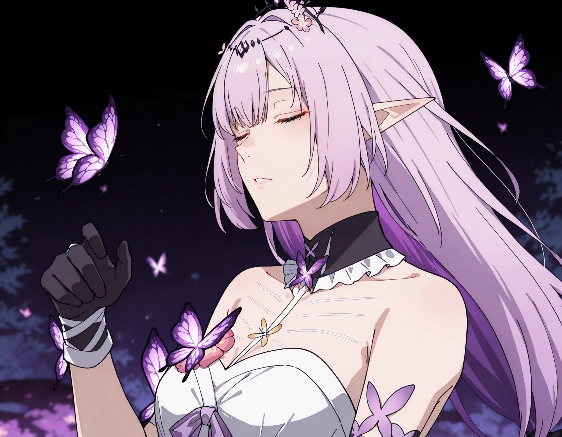 masterpiece, best quality, very aesthetic, absurdres, [detailed face], [detailed eyes], Cas1or9ce, 1girl, solo, long hair, , bangs, hair ornament, gloves, dress,  shoulders, closed eyes, upper body, pink hair, purple hair, parted lips, pointy ears, black gloves, blurry, bug, elf, butterfly, JJK Anime Style, <lora:1941ab7c-ce12-4e93-ab29-b2c2f8dbb61b:0.9>, <lora:7957509b-39d6-4109-ae5b-16f13404ff96:0.8>