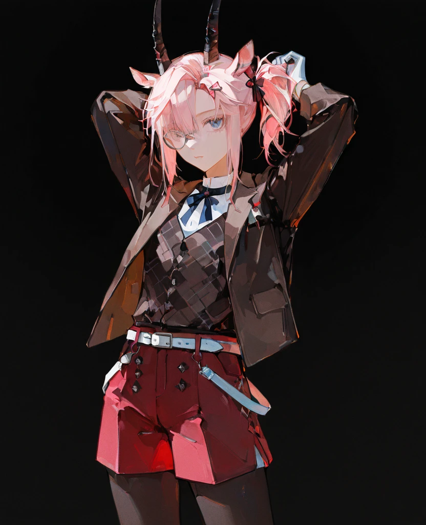 solo, earthspirit, pink hair, short hair, side ponytail, hairclip, horns, goat ears, blue eyes, looking at viewer,
brown jacket, E2shirt, vest, red shorts, pantyhose, white belt, monocle, gloves, high heels boots, ribbon,
standing, cowboy shot, fixing hair, hands behind head,
masterpiece, best quality, amazing quality, very aesthetic, absurdres, newest,
96yottea, black background,