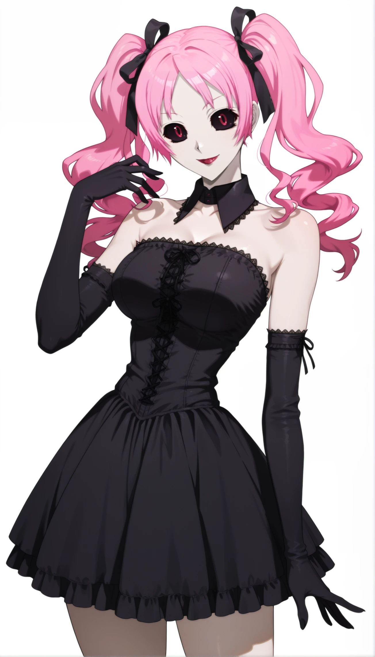megumi shimizu, 1girl, pink hair, twintails, gothic, black dress, bare shoulders, elbow gloves, black gloves, hair ribbon, breasts, standing, cowboy shot, hand up, sexy, smile, closed mouth, looking at viewer, lipstick, black sclera, colored sclera, red eyes, white background, simple background, masterpiece, best quality, highres, very aesthetic, very awa, newest, intricate details, amazing details