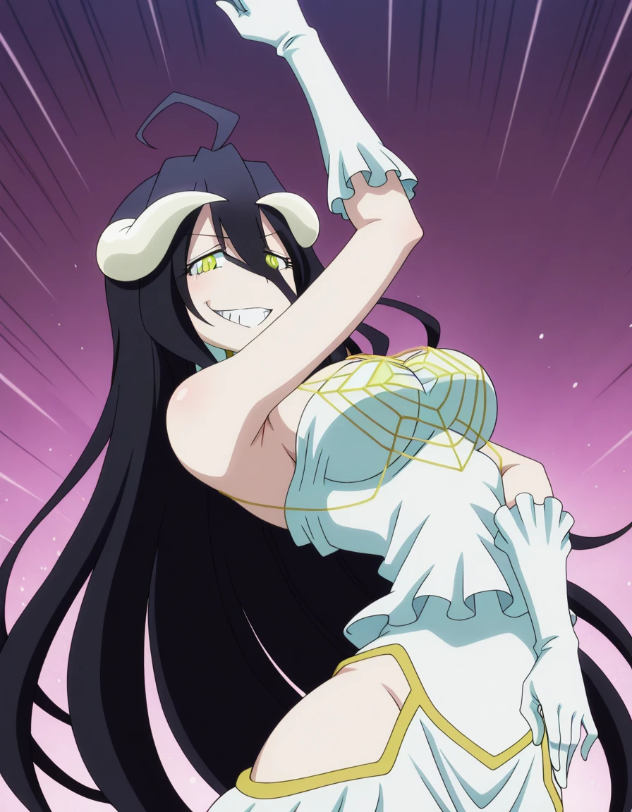 masterpiece, best quality, amazing quality,, <lora:overlord-albedo-s1s2-illustriousxl-lora-nochekaiser:1>, albedo, albedo (overlord), ahoge, black hair, horns, long hair, yellow eyes, mature female, breasts, anime screencap, <lora:killer-queens-pose-illustriousxl-lora-nochekaiser:1>, killer queens pose, killer queens's pose (jojo), jojo pose, arm up, hand up, \n/, double \n/, arm down, hand down, grin, arched back, bent over, cowboy shot, , ,