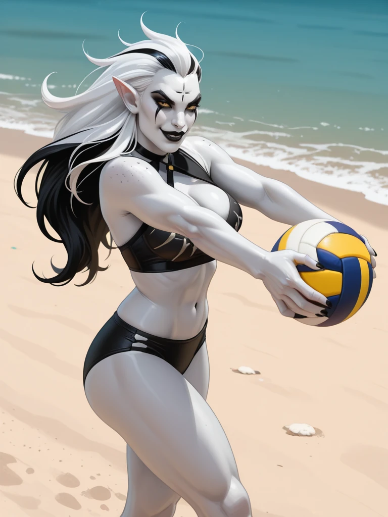 <lora:Maiden_of_the_Mirthless_Smile__Exalted:0.7>
motms,, long hair, white hair, multicolored hair, two-tone hair, pointy ears, colored skin, white skin,,makeup, black lips,,
playing beach volleyball, on a beach, spiking the ball, smiling, sports