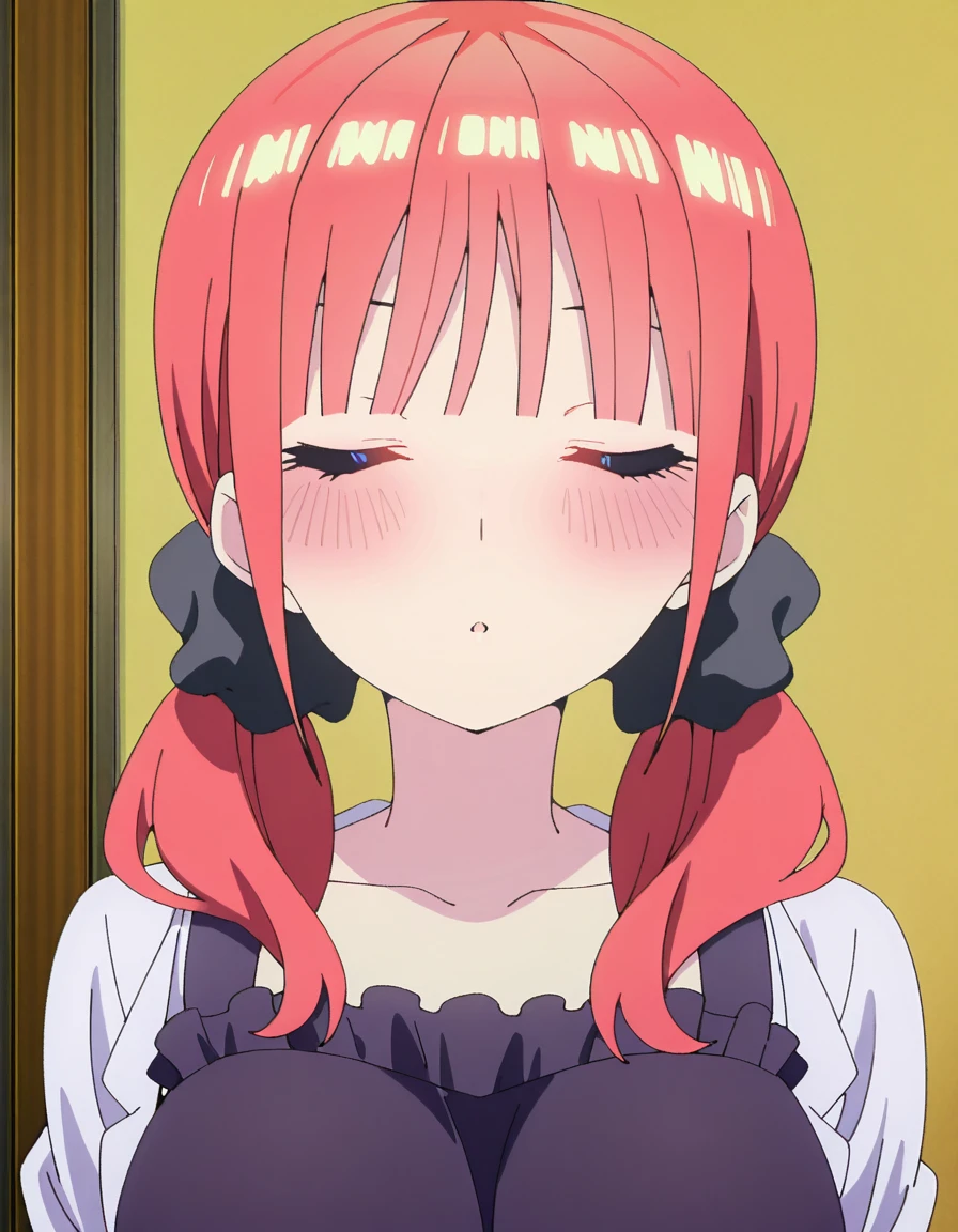 masterpiece, best quality, amazing quality,, <lora:nino-nakano-honeymoon-illustriousxl-lora-nochekaiser:1>, nino nakano, bangs, blue eyes, hair ornament, twintails, pink hair, blunt bangs, medium hair, scrunchie, eyebrows hidden by hair, black scrunchie, mature female, breasts, anime screencap, <lora:incoming-kiss-illustriousxl-lora-nochekaiser:1>, incoming kiss, closed eyes, blush, pov, upper body, , ,