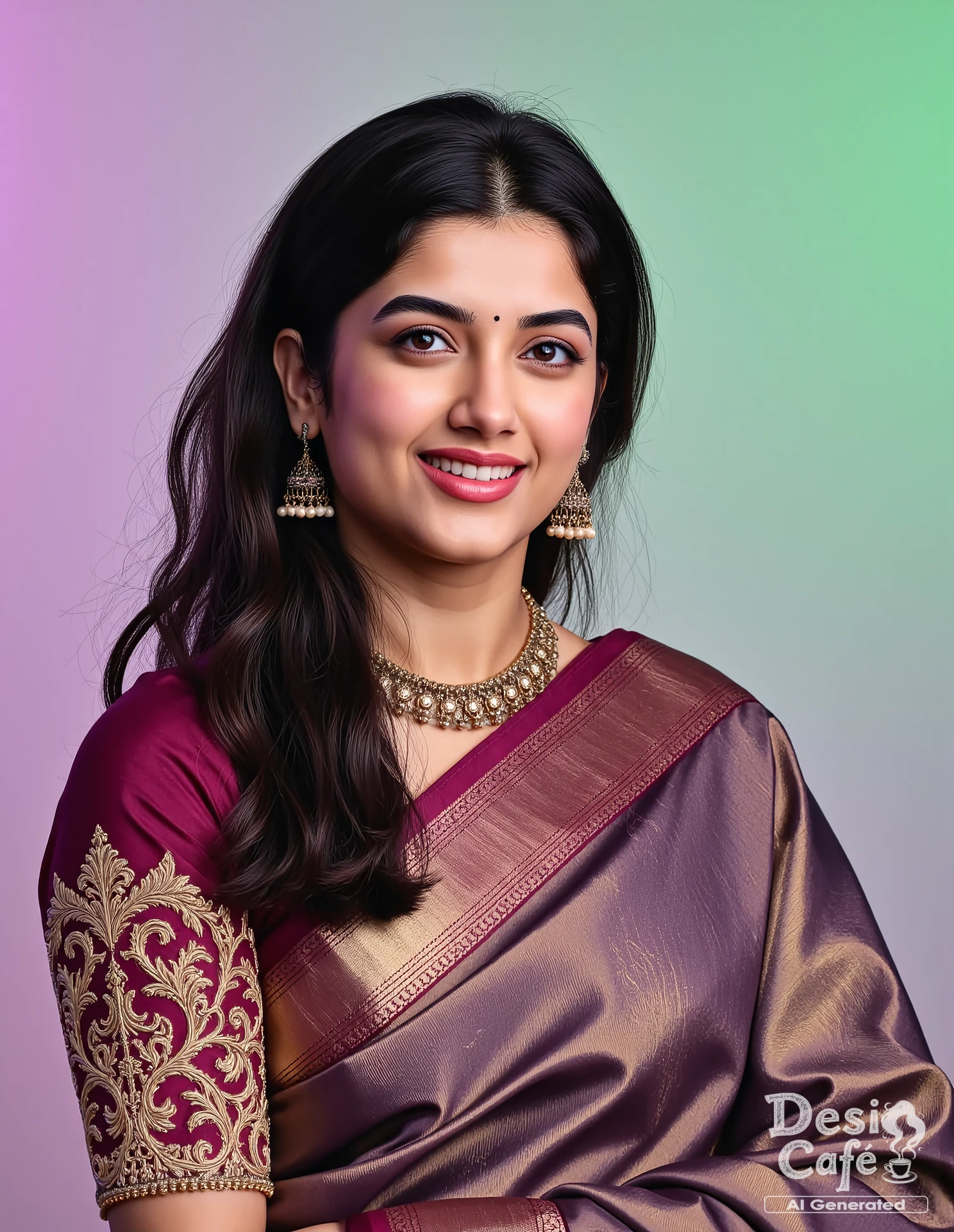 headshot photo of bhagyashri borse woman, hyper realistic photo that is safe for work, serious, studio quality image with natural colors, well dressed wearing intricate long sleeved Mauve Banarasi Silk Saree, hair styled as 90s blowout,muted pastel shaded multicolored background that contrasts with the person, cinematic lighting,âââââ ââ <lora:Bhagyashri_Borse_Flux_Kohya_V1:1>âââ