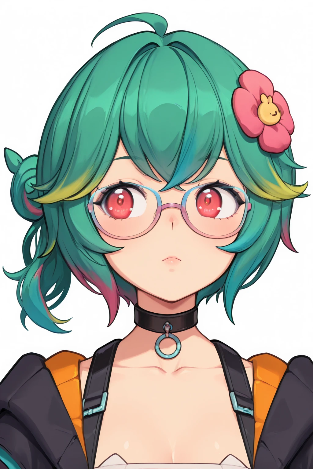 <lora:HDA_Detailer:0.8>, HDA_MasterpieceClassic_v1.2, <lora:HDA_Rosedoodle:0.8>, Rosedoodle, green hair, multicolored hair, glasses, red eyes, short hair, portrait