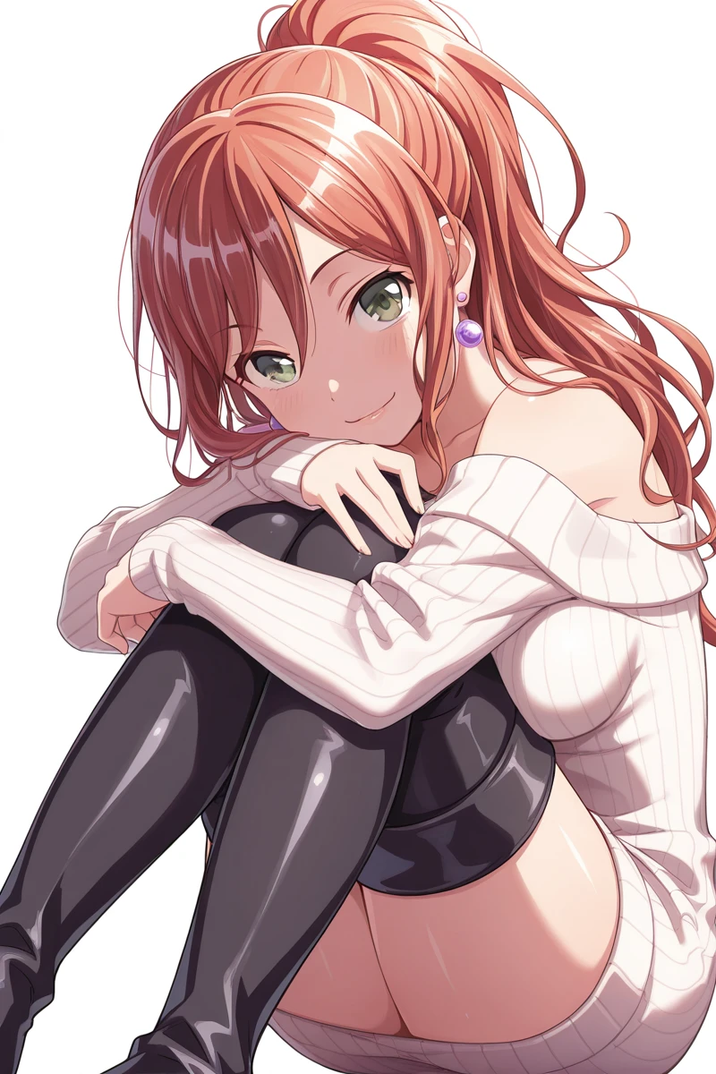 masterpiece, best quality, amazing quality,
<lora:Lisa_IL:1> lisa_imai, 1girl, solo, long hair, sweater, thigh boots, thighhighs, green eyes, earrings, jewelry, smile, boots, shiny, ribbed sweater, looking at viewer, white background, sitting, hair between eyes, sweater dress, ponytail, shiny hair, simple background, red hair, dress, off shoulder, black footwear, knees to chest, sweatersk