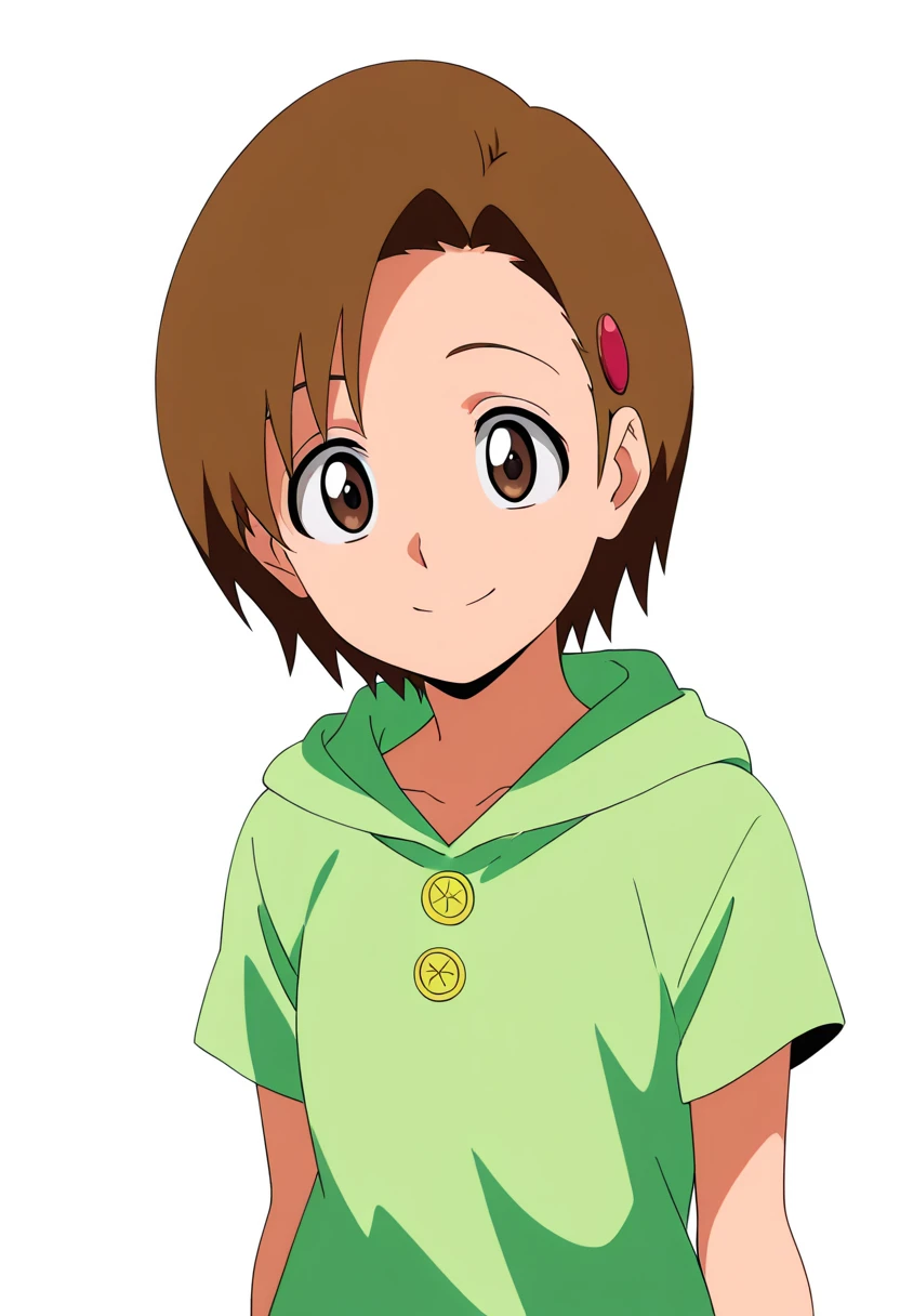 best quality, amazing quality, very aesthetic, absurdres, anime coloring,
1girl, yuzu, brown hair, brown eyes, short hair,
hairclip,
hood down, pale green hoodie, short sleeves,
upper body,
smile, looking at viewer, solo, simple background, white background <lora:YuzuKurosakiNoobXL_byKonan:1>