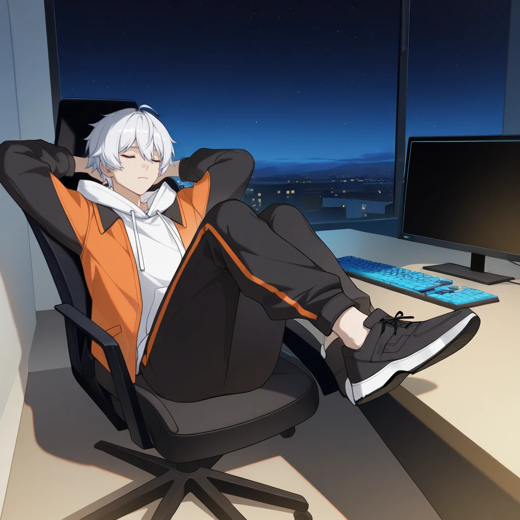 masterpiece, best quality, ultra-detailed, very aesthetic, detailed background, year 2023, very aesthetic, newest, scenery, highres, 4k, absurdres, 8k, colorful,vibrant, glowing, perfect face, 2d, perfect eyes, detailed eyes, 1boy, male focus, solo, bedroom, apartment, window, detailed background, night, night sky, night time, starry sky, sitting on office chair, hands behind head, reclining, computer, keyboard, monitor, closed eyes, frown, confused, high-angled view, black sneakers, short hair, white hair, blue eyes, KevinHi3, Kvn_Anm, orange trim, track pants, alt black pants, puffy sleeves, white hoodie, jacket over hoodie, hood down, track jacket, two-tone jacket, orange jacket, alt black jacket, alt open jacket, layered clothes,
masterpiece, best quality, ultra-detailed, very aesthetic, newest, scenery, absurdres, perfect anatomy, perfect legs, perfect face, perfect eyes, clear eyes, beautiful eyes, perfect feet,