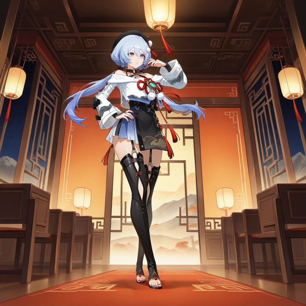 masterpiece, best quality, ultra-detailed, very aesthetic, detailed background, year 2023, very aesthetic, newest, scenery, highres, 4k, absurdres, 8k, colorful,vibrant, glowing, perfect face, 2d, perfect eyes, detailed eyes, 1girl, solo, Chinese architecture, Chinese restaurant, Chinese interior, Chinese decor, lanterns, indoors, window, restaurant interior, detailed background, night, night sky, night time, starry sky, walking, cat walk, seductive, lip gloss, watson cross, foreshortening, full body, angled shot, hand on hip, hand in hair, floating hair, red nails, red toenails, nail polish, looking ahead, feet,
light blue hair, long hair, low twintails, purple eyes, YugiriStrv, Ygr_Inb, black beret, dark blue ribbon, hair ribbon, pom pom hair ornament, pom pom (clothes), cropped jacket, white jacket, off-shoulder jacket, closed jacket, chest ribbon, o-ring choker, long ribbon, red tassel, chinese clothes, twin braids, bare shoulders, o-ring top, spaghetti strap, high-waist skirt, black skirt, black belt, light blue skirt, two-tone skirt, chinese knot, black bridal gauntlets, long sleeves, white sleeves, garter straps, thigh boots, black footwear, toeless footwear, mountain print, leg cutout,
masterpiece, best quality, ultra-detailed, very aesthetic, newest, scenery, absurdres, perfect anatomy, perfect legs, perfect face, perfect eyes, clear eyes, beautiful eyes, perfect feet,