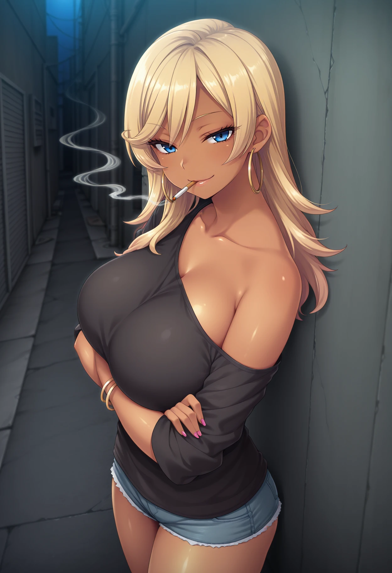 1girlgigi, large breast, ear piercing, long hair, blush, lipstick,Hot girl, baddie, staring, glaring, bad attitude, mean girl, dare, angry, hate, crazy, smoking, sensual, attractive , masterpiece,high quality,4k, bare shoulder,belly,crop top,holding pistol,cleavage,casual dress, bar
background, inside bar, indoor,smile, open mouth, (nsfw) not safe for work, evil expression, exposed
belly, exposed navel, exposed midriff, exposed lower belly, crop top overhang, underboob,jacket,
unbuttoned jeans , low rise black jeans, Low rise jeans, Low rise jeans with open fly