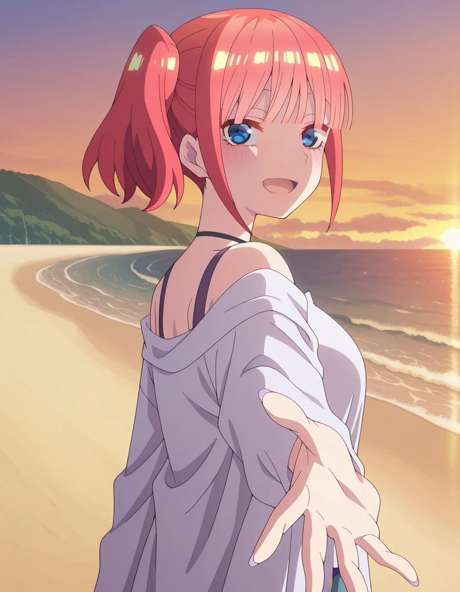 masterpiece, best quality, amazing quality,, <lora:nino-nakano-honeymoon-illustriousxl-lora-nochekaiser:1>, nino nakano, short hair, bangs, blue eyes, pink hair, blunt bangs, side ponytail, mature female, breasts, anime screencap, <lora:looking-back-reaching-towards-viewer-illustriousxl-lora-nochekaiser:1>, looking back reaching towards viewer, looking at viewer, smile, looking back, open mouth, reaching towards viewer, beach, half-closed eyes, cowboy shot, sunset, , ,
