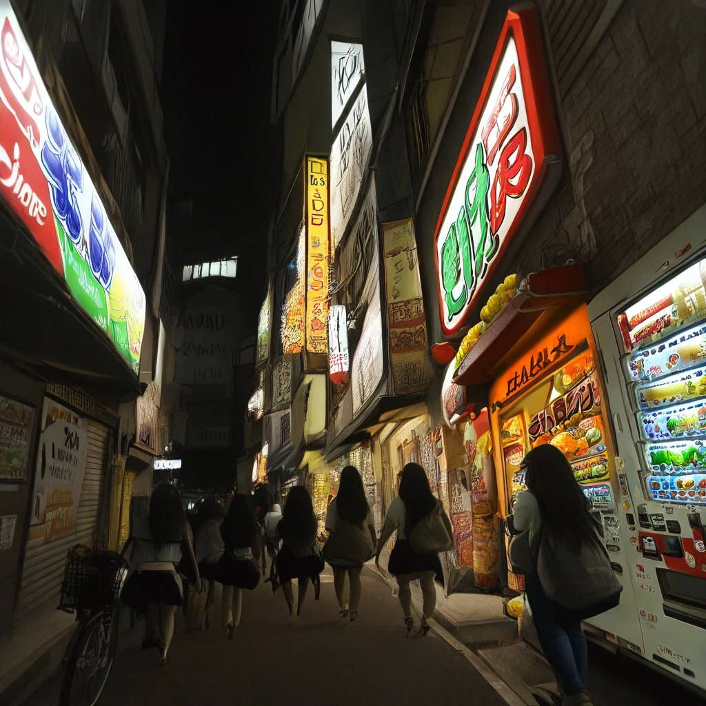 food, long hair, street, window, outdoors, motor vehicle, road, alley, 6+girls, bicycle, vending machine