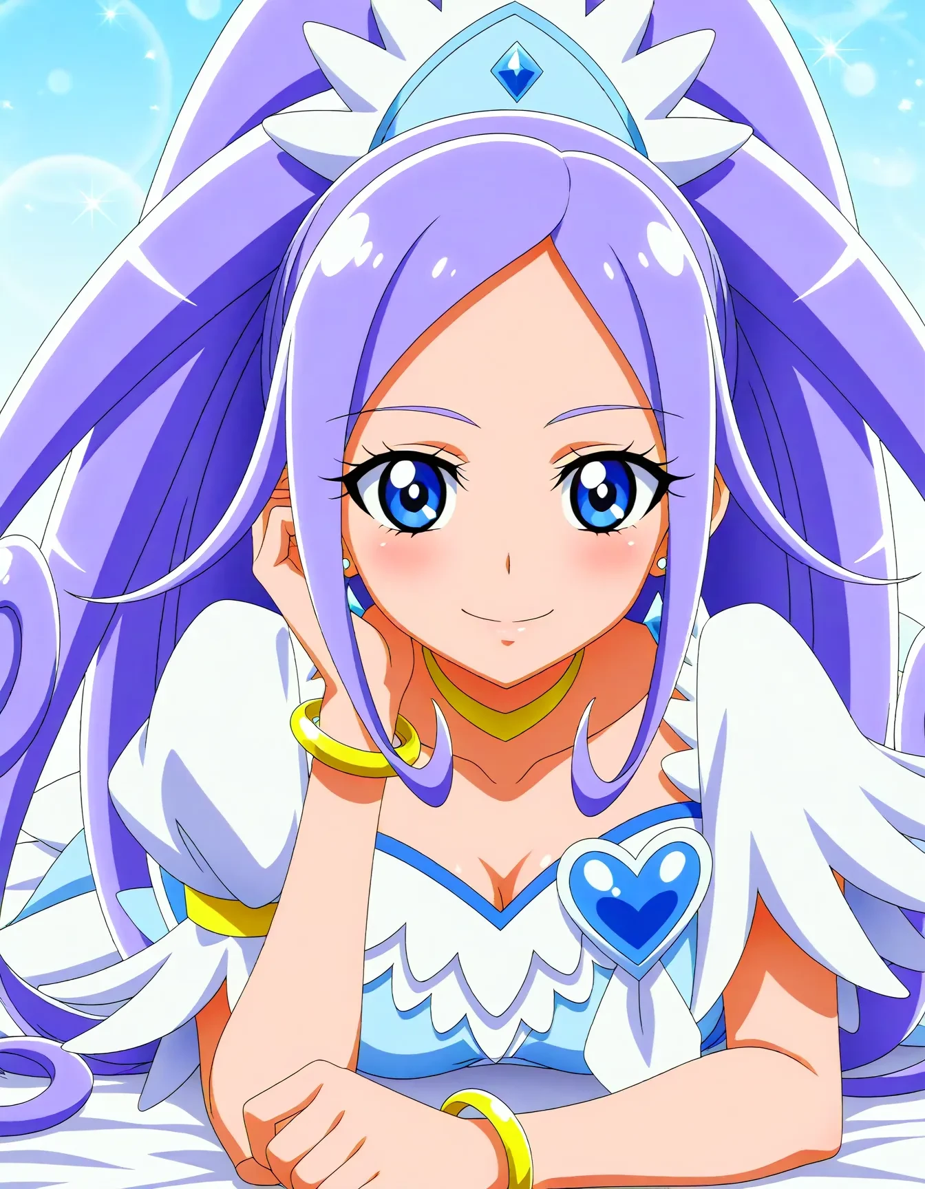 <lora:dmd2_sdxl_4step:1>,official style,masterpiece,best quality,newest,very aesthetic,highly detailed,high resolution,absurdres,highres,depth of field,super detailed skin,very awa,Anime,anime coloring,anime screencap,<lora:cure_diamond_V1:1>,cure diamond,blue hair,high ponytail,long hair,blue eyes,hair ornament,gem,jewelry,earrings,blur ribbon,heart brooch,choker,brooch,bracelet,blue bow,capelet,yellow choker,blue dress,yellow bracelet,smile,posing,half-closed eyes,on stomach,