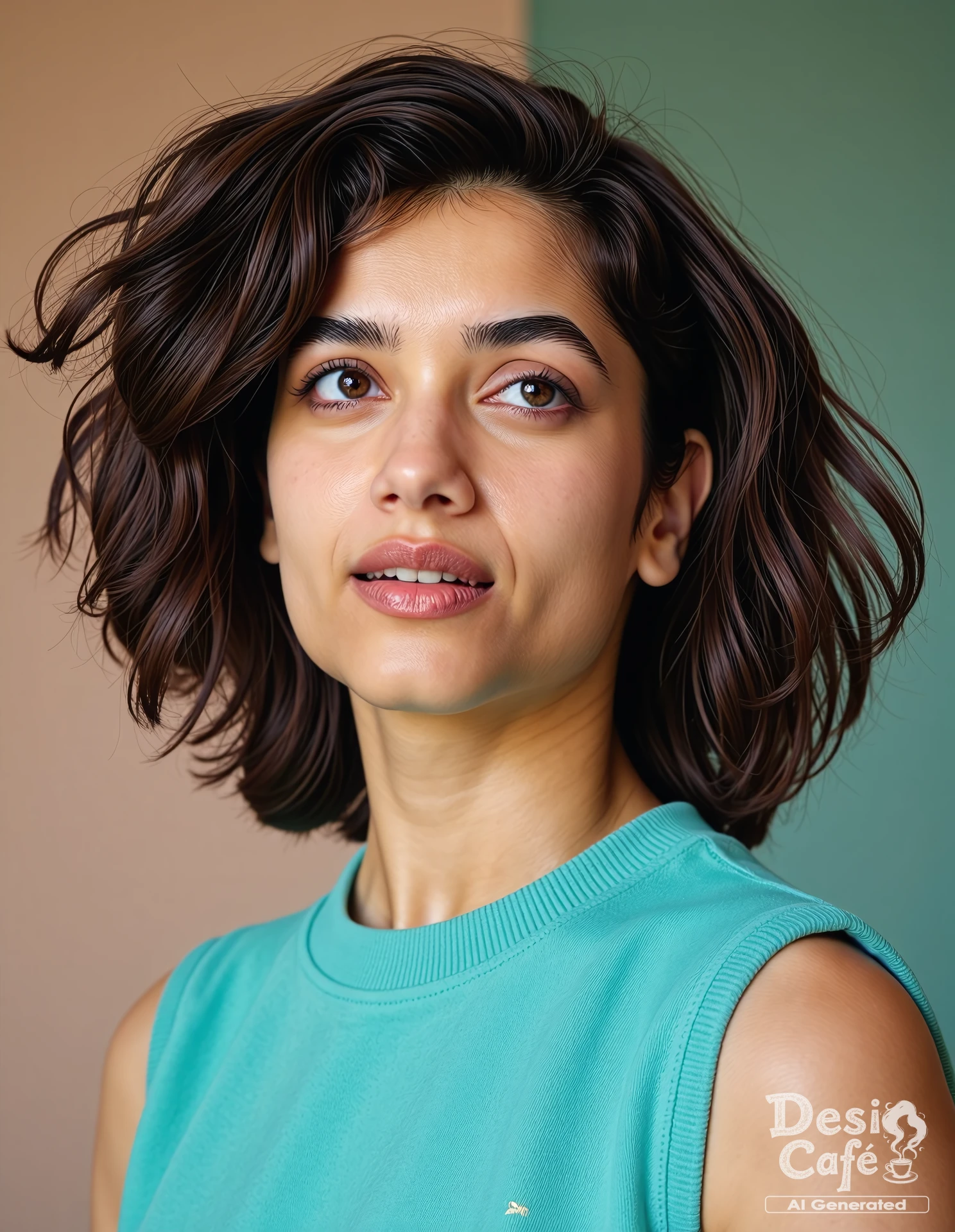 headshot photo of bhagyashri borse woman, hyper realistic photo that is safe for work, expression of wonderment with wide eyes, studio quality image with natural colors, well dressed wearing intricate sleeveless Turquoise sweatshirt, hair styled as curls,muted pastel shaded multicolored background that contrasts with the person, cinematic lighting,âââââ ââ <lora:Bhagyashri_Borse_Flux_Kohya_V1:1>âââ