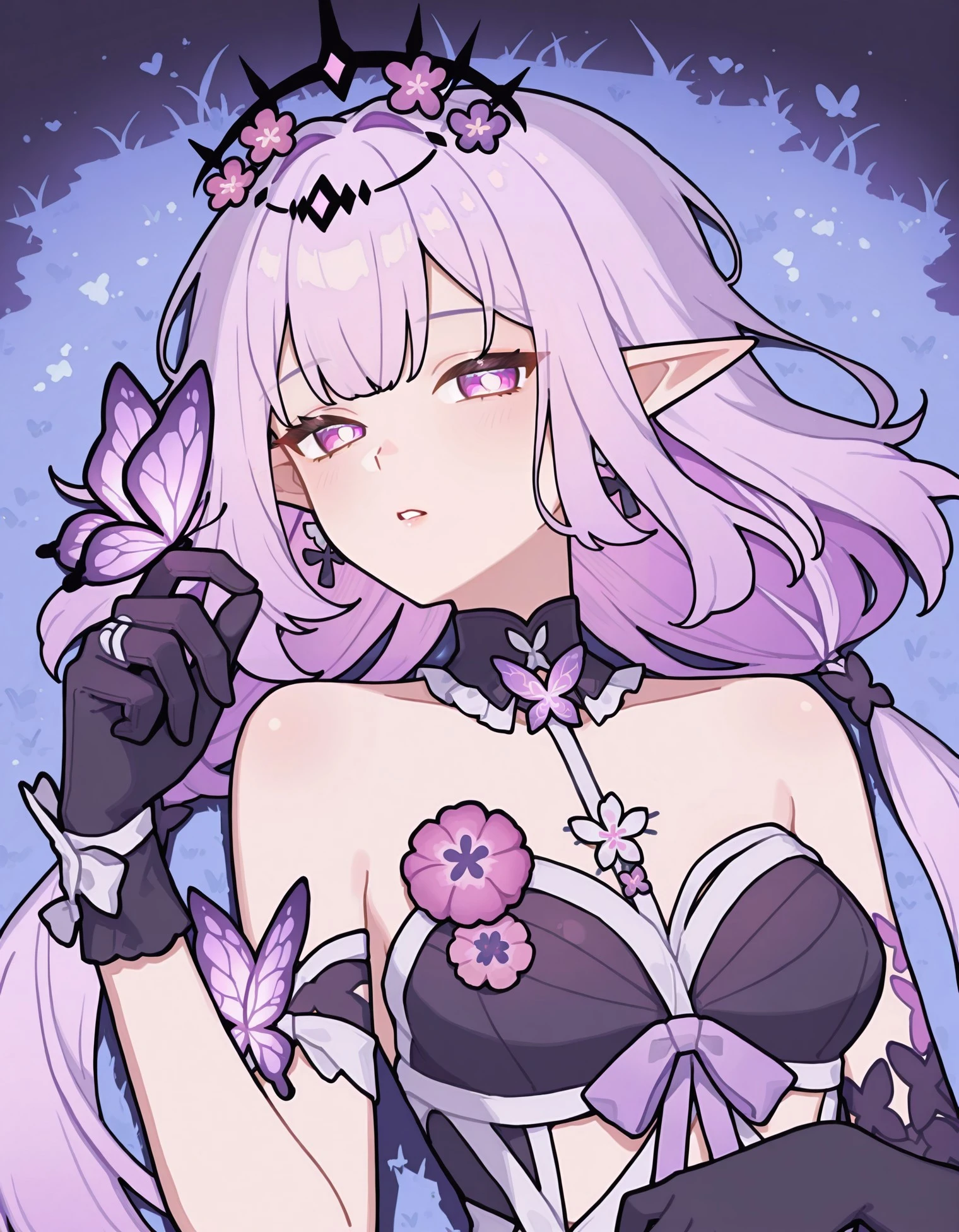 masterpiece, best quality, very aesthetic, absurdres, [detailed face], [detailed eyes], Cas1or9ce, 1girl, solo, long hair, looking at viewer, bangs, hair ornament, gloves, dress,  shoulders, jewelry, purple eyes, upper body, purple hair, earrings, lying, parted lips, pointy ears, black gloves, pink eyes, bug, butterfly, CK4w Style, <lora:1941ab7c-ce12-4e93-ab29-b2c2f8dbb61b:0.9>, <lora:2db8f954-1a3a-4c59-86b8-35a07c16e655:0.8>