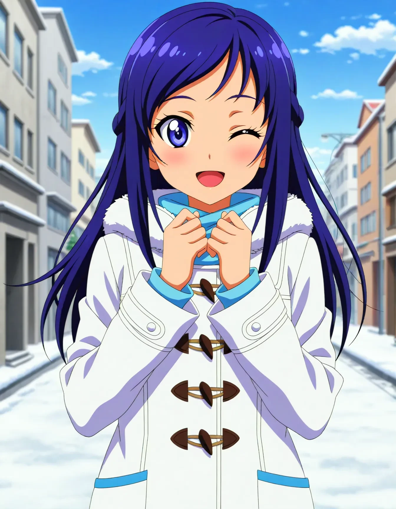 <lora:dmd2_sdxl_4step:1>,official style,masterpiece,best quality,newest,very aesthetic,highly detailed,high resolution,absurdres,highres,depth of field,super detailed skin,very awa,Anime,anime coloring,anime screencap,<lora:cure_diamond_V1:1>,hishikawa rikka,long hair,blue eyes,blue hair,small breasts,smile,winter_clothes,snow,cold,city,one eye closed,open mouth,
