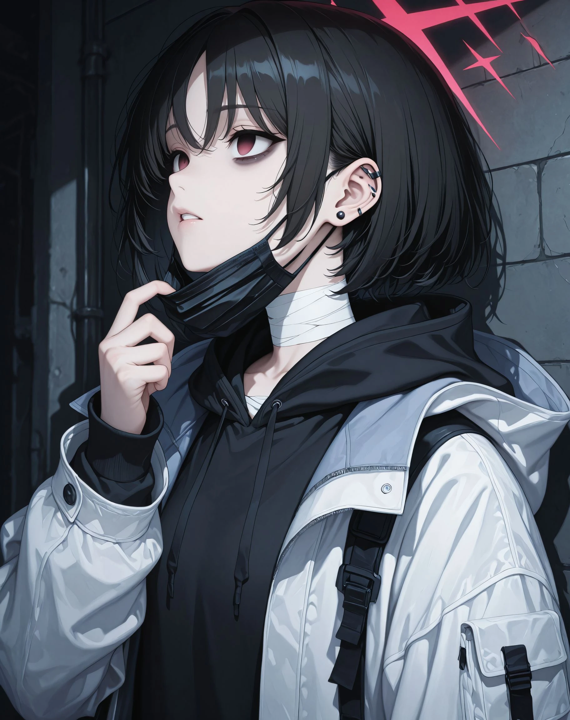 masterpiece, best quality, very aesthetic, detailed face, <lora:Imashino_Misaki_Blue_Archive_ilxl_goofy:1> misakiBA, halo, 1girl, bandaged neck, hood down, black mask, black hoodie, upper body, empty eyes, mask pull, ear piercing, open clothes, white coat, stud earrings, white jacket, bandages, parted lips, surgical mask, jewelry, mask around neck, hooded coat, open coat, looking up, drawstring, long sleeves, looking ahead, bags under eyes, open jacket, hooded jacket