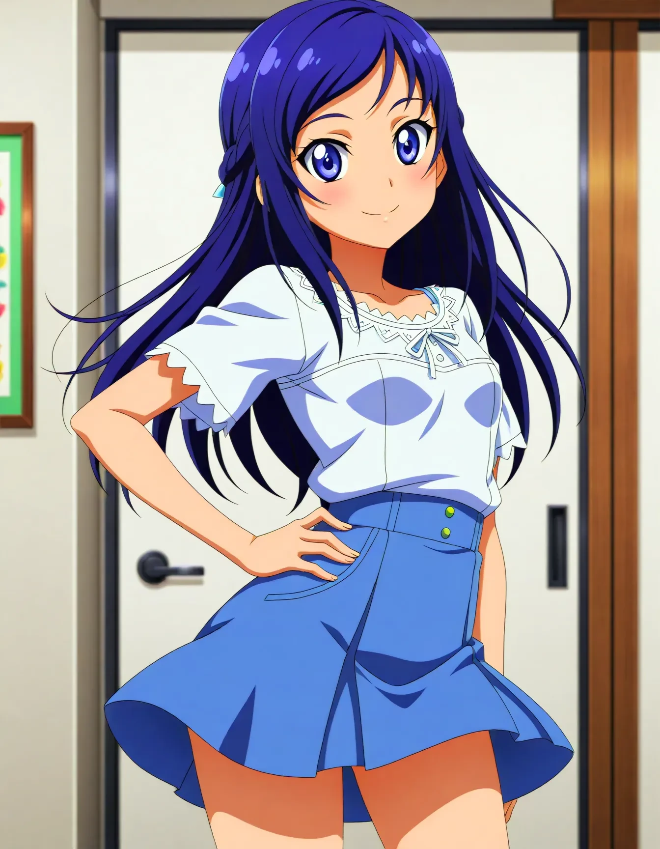 <lora:dmd2_sdxl_4step:1>,official style,masterpiece,best quality,newest,very aesthetic,highly detailed,high resolution,absurdres,highres,depth of field,super detailed skin,very awa,Anime,anime coloring,anime screencap,<lora:cure_diamond_V1:1>,hishikawa rikka,long hair,blue eyes,blue hair,small breasts,smile,casual,pleated_skirt,posing,