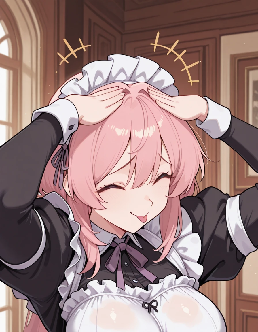 masterpiece, best quality, amazing quality,, <lora:CivChan:1>, CivChan, purple eyes, pink hair, mature female, breasts, maid headdress, , <lora:ah-eto-bleh-illustriousxl-lora-nochekaiser:1>, ah eto bleh, ah eto... bleh (meme), hands on own head, meme, arms on head, tongue out, closed eyes,, , ,