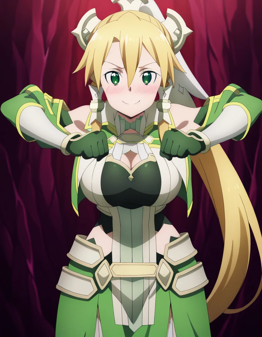 masterpiece, best quality, amazing quality,, <lora:suguha-kirigaya-s3-illustriousxl-lora-nochekaiser:1>, suguha kirigaya, leafa (sao), long hair, blonde hair, hair ornament, green eyes, ponytail, hair tubes, mature female, breasts, anime screencap, <lora:mochi-mochi-dance-illustriousxl-lora-nochekaiser:1>, mochi mochi dance, clenched hands, hands up, smile, blush, , ,