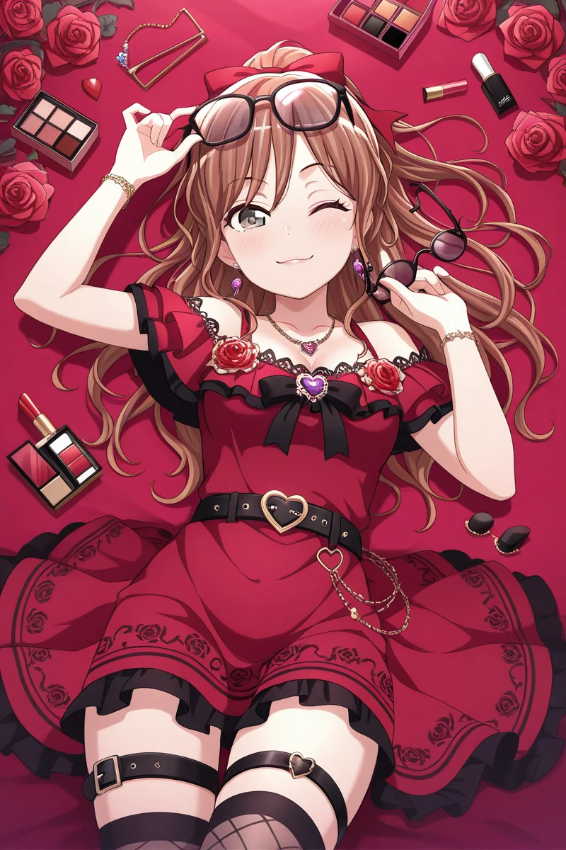 masterpiece, best quality, amazing quality,
<lora:Lisa_IL:1> lisa_imai, 1girl, solo, one eye closed, rose, flower, red flower, thighhighs, dress, heart, jewelry, red rose, eyewear removed, earrings, looking at viewer, bow, necklace, thigh strap, red dress, smile, lying, cosmetics, belt, brown hair, holding eyewear, hair bow