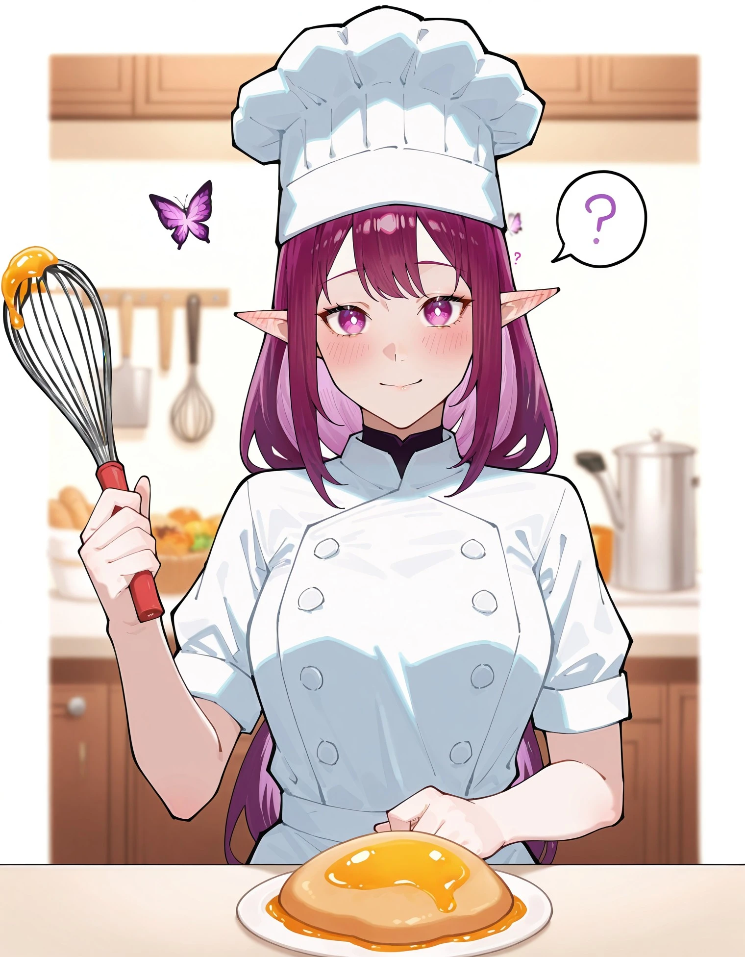 masterpiece, best quality, very aesthetic, absurdres, [detailed face], [detailed eyes], Cas1or9ce, 1girl, solo, long hair, looking at viewer, blush, smile, bangs, hat, holding, closed mouth, purple eyes, upper body, purple hair, short sleeves, food, pointy ears, blurry, apron, official alternate costume, white headwear, bug, ?, butterfly, spoken question mark, chef hat, whisk, chef, cjjkm style, hatching, <lora:1941ab7c-ce12-4e93-ab29-b2c2f8dbb61b:0.9>, <lora:642f9e10-fcce-46e5-9a6a-f8de8682851e:0.9>