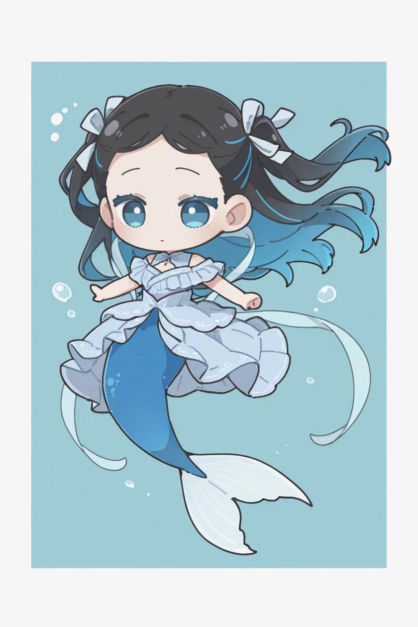 masterpiece, best quality, very aesthetic, newest, absurdres, highres,
1girl, solo,
<lora:NishiuraSoraIllustriousV1:1> nishiurasora, long hair, black hair, blue hair, multicolored hair, gradient hair, colored inner hair, two side up, blue eyes,
simple background, outside border, colored eyelashes, mermaid, long dress, floating hair, floating clothes, flying, hagoromo, air bubble,
<lora:Arikuigames1105IllustriousV1:1> arikuigames1105, chibi, full body