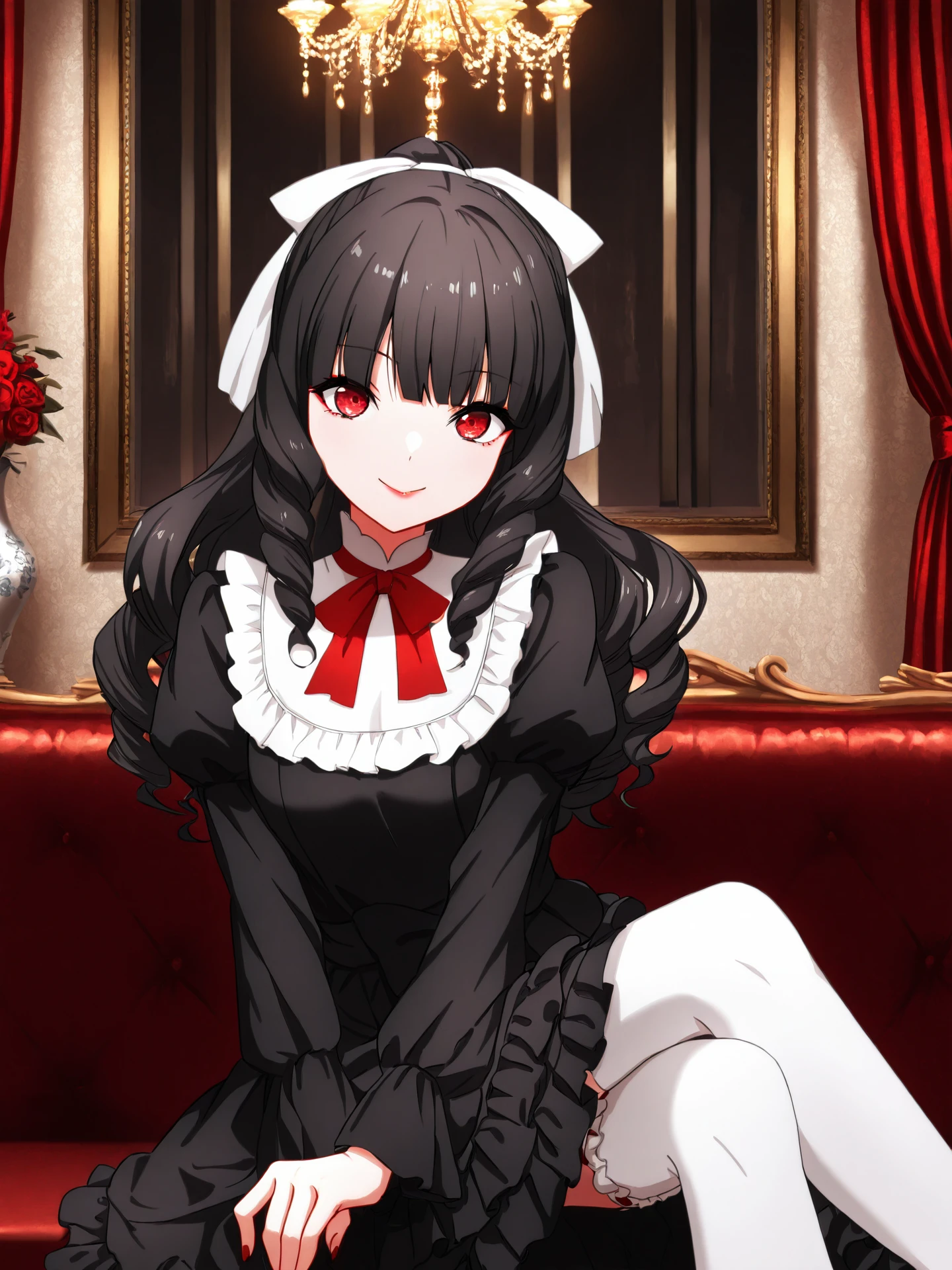 <lora:CC_Aesthetic_Masterpiece_1:1>, <lora:ST_Mahouka_Riromemo_0R:0.3>, riromemo
<lora:Kuroba_Ayako_0R:0.9>, ayakodefault
kuroba ayako, red eyes, black hair, long hair, drill hair, hair ribbon, makeup
black dress, frilled dress, long sleeves, puffy sleeves, white collar, red neck ribbon, white thighhighs
masterpiece, best quality, amazing quality, very aesthetic, absurdres, detailed background
1girl, solo, looking at viewer, facing viewer, cowboy shot, dynamic pose, smile, sitting, crossed legs, couch
indoors, luxurious mansion, luxurious couch, vase, curtains, wallpaper, night, chandelier, wine glass