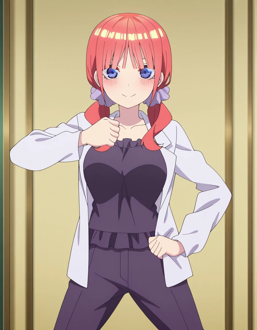 masterpiece, best quality, amazing quality,, <lora:nino-nakano-honeymoon-illustriousxl-lora-nochekaiser:1>, nino nakano, bangs, blue eyes, hair ornament, twintails, pink hair, blunt bangs, medium hair, scrunchie, eyebrows hidden by hair, purple scrunchie, mature female, breasts, anime screencap, <lora:giorno-giovannas-pose-illustriousxl-lora-nochekaiser:1>, giorno giovannas pose, giorno giovanna's pose (jojo), jojo pose, hand up, clenched hand, hand on waist, smile, looking at viewer, cowboy shot,, , ,