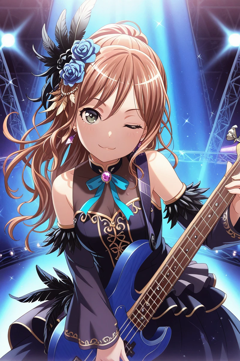 masterpiece, best quality, amazing quality,
 <lora:Lisa_IL:1> lisa_imai, 1girl, solo, one eye closed, flower, long hair, feathers, feather hair ornament, hair ornament, instrument, jewelry, hair flower, brown hair, smile, dress, guitar, blue flower, bass guitar, ribbon, black feathers, detached sleeves, neck ribbon, looking at viewer, earrings, onstage