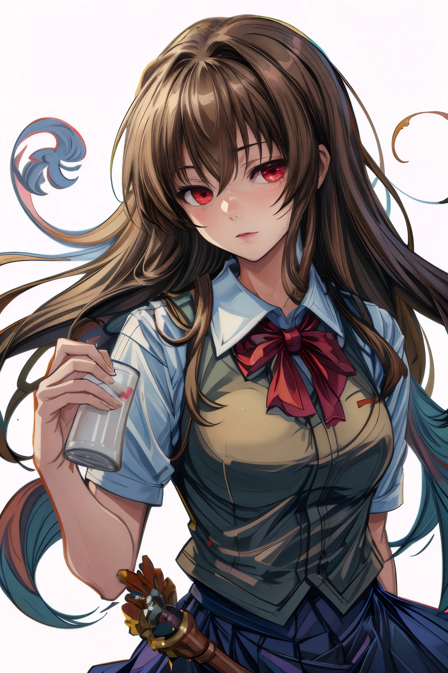 fujino_shizuru, an anime girl, 1girl, solo, long hair, looking at viewer, skirt, simple background, brown hair, red eyes, white background, school uniform, vest, cup