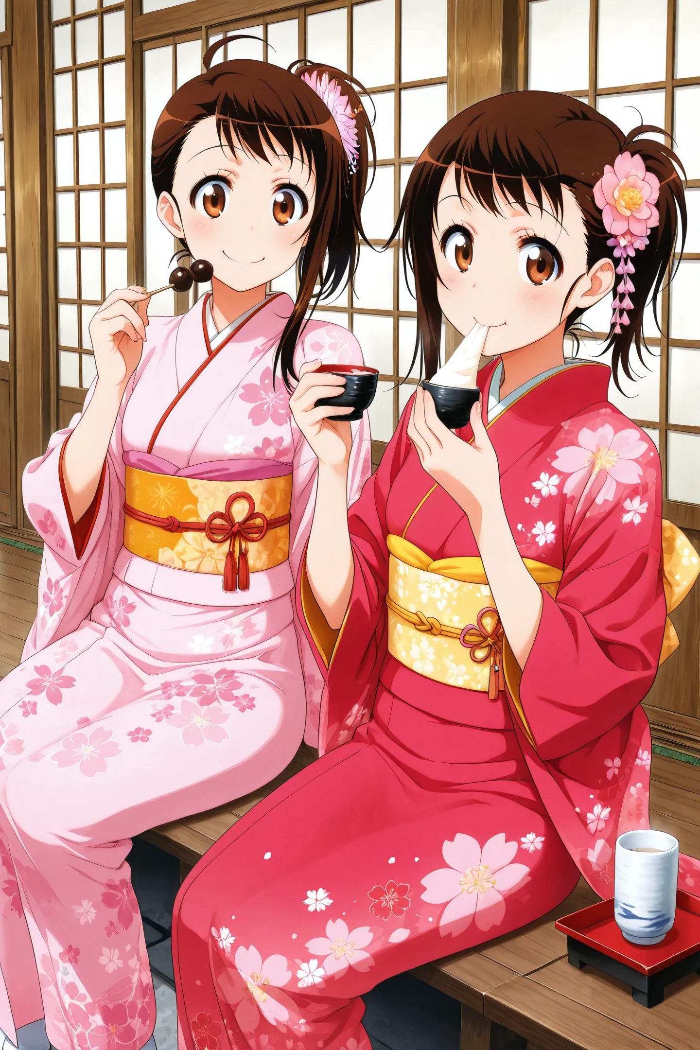 Anime Style,Onodera Kosaki,Onodera Haru,multiple girls,2girls,short hair,japanese clothes,kimono,brown eyes,smile,sisters,hair ornament,siblings,food,brown hair,side ponytail,ahoge,sitting,sash,hair flower,flower,cup,obi,looking at viewer,eating,long hair,wagashi,
<lora:Naoshi Komi_illustriousXL:1>,