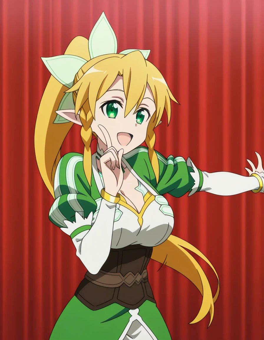 masterpiece, best quality, amazing quality,, <lora:suguha-kirigaya-s1-illustriousxl-lora-nochekaiser:1>, suguha kirigaya, leafa (sao), long hair, blonde hair, hair between eyes, green eyes, ponytail, braid, pointy ears, twin braids, mature female, breasts, anime screencap, <lora:hoshino-ruby-dance-illustriousxl-lora-nochekaiser:1>, hoshino ruby dance, finger wagging, index finger raised, dancing, outstretched arm, cowboy shot, smile, open mouth,, , ,