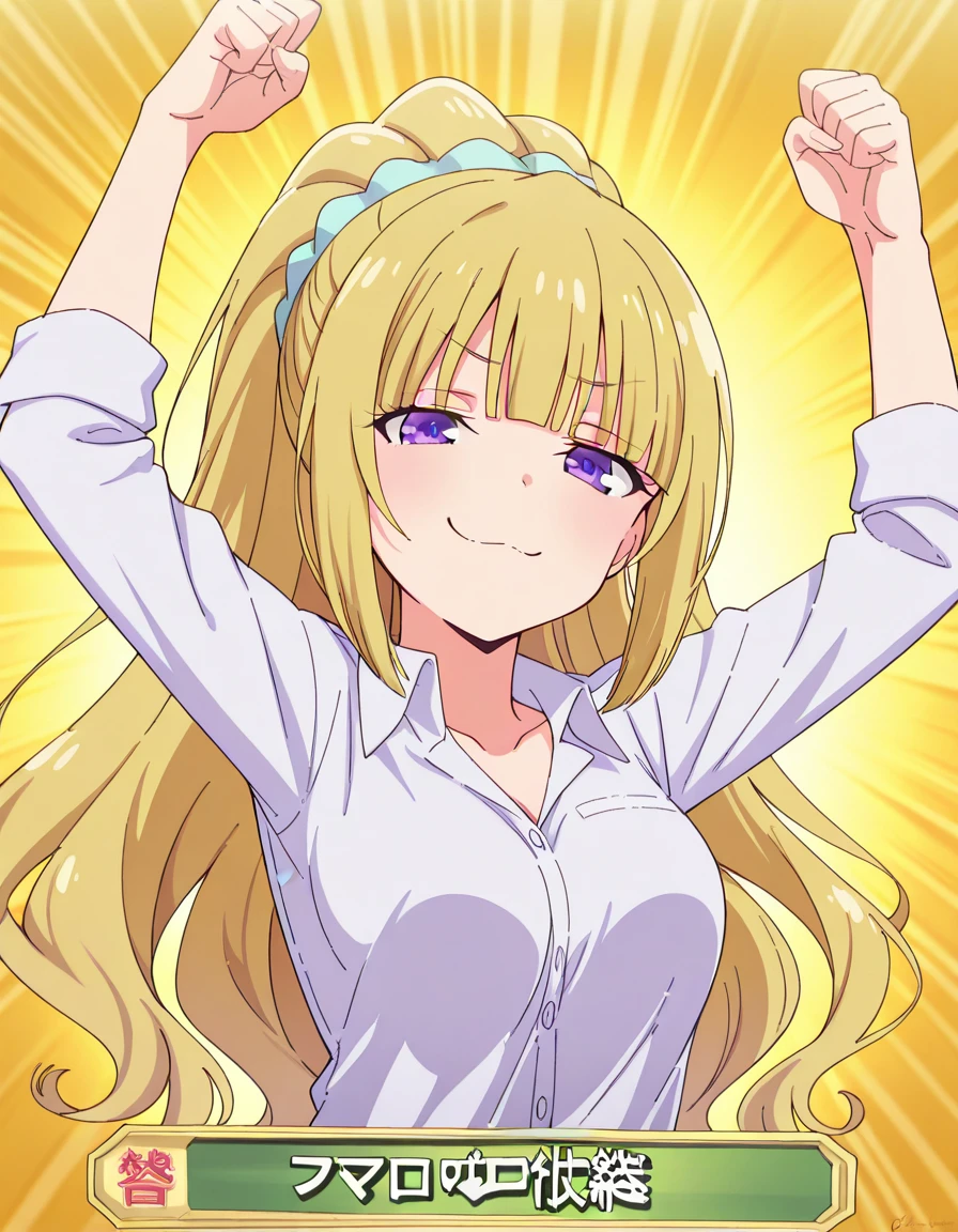 masterpiece, best quality, amazing quality,, <lora:kei-karuizawa-s2-v1-illustriousxl-lora-nochekaiser:1>, kei karuizawa, long hair, bangs, blunt bangs, purple eyes, blonde hair, shirt, hair ornament, ponytail, scrunchie, blue scrunchie, medium breasts,, <lora:colombia-pose-illustriousxl-lora-nochekaiser:1>, colombia pose, colombia pose (meme), meme, raised fists, victory pose, arms up, smile, smug,, , ,