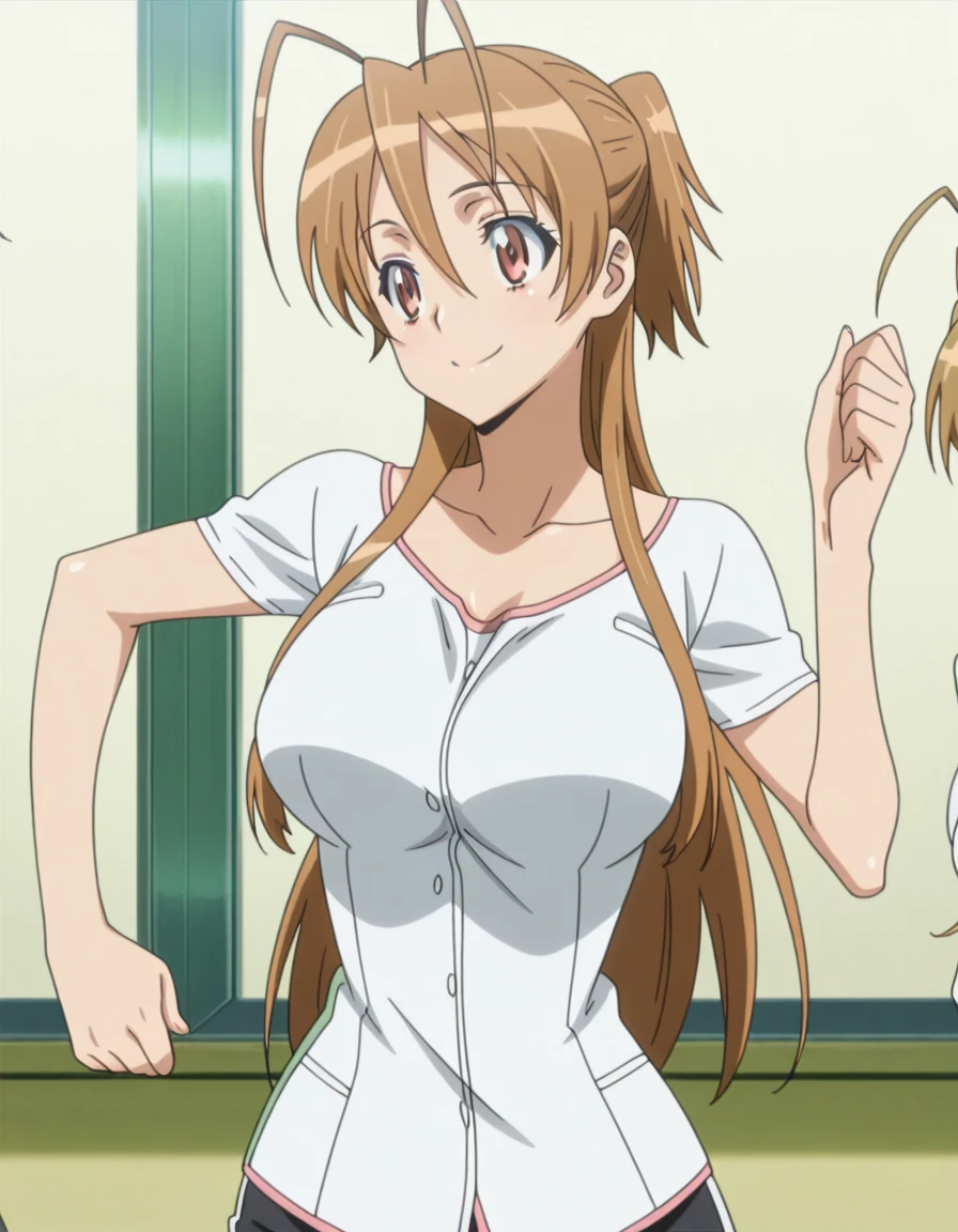 masterpiece, best quality, amazing quality,, <lora:rei-miyamoto-s1-illustriousxl-lora-nochekaiser:1>, rei miyamoto, miyamoto rei, long hair, brown hair, brown eyes, antenna hair, ponytail, mature female, breasts, anime screencap, <lora:zui-zui-dance-illustriousxl-lora-nochekaiser:1>, zui zui dance, dancing, closed eyes, smile, cowboy shot,, , ,