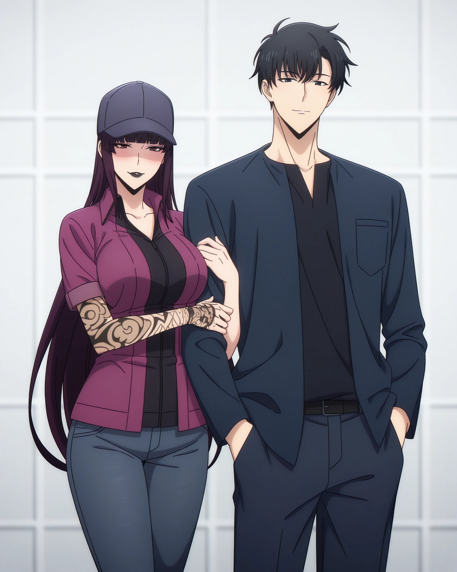 best quality, highly aesthetic, absurdres, masterpiece, <lora:Kanae_TawataV05:1>, kanae_tawata_pm, purple hair, long hair, (arm tattoo:0.8), large breasts, black lips, blunt bangs, red eyes, seductive smile, jacket, pants, baseball cap, jin-woo_sung_pm, black hair, black eyes, 1girl, 1boy, standing, looking at viewer, arm hug, blush,