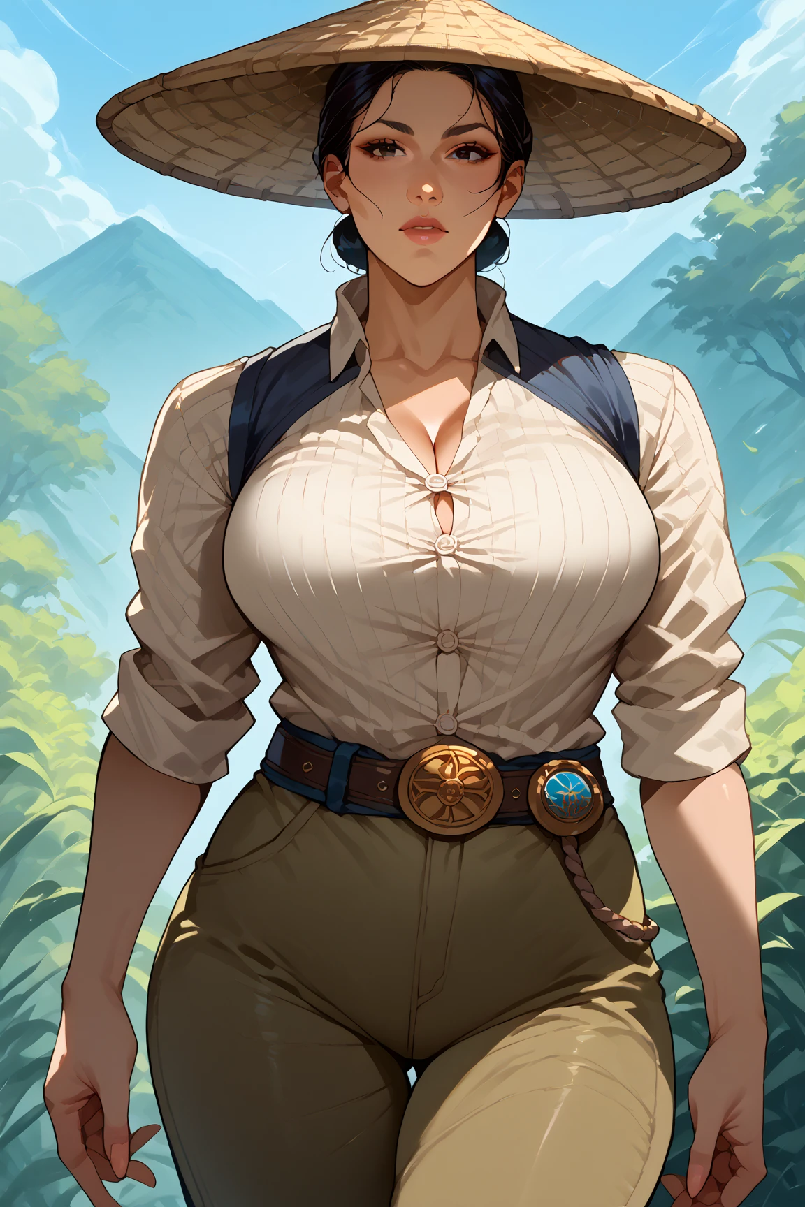 score_9, score_8_up, score_7_up, score_6_up, source_anime, solo, 1girl, large breasts, raidenmk1, hat, black hair, black eyes, outdoors, shirt, belt, pants <lora:Raiden-10:1>