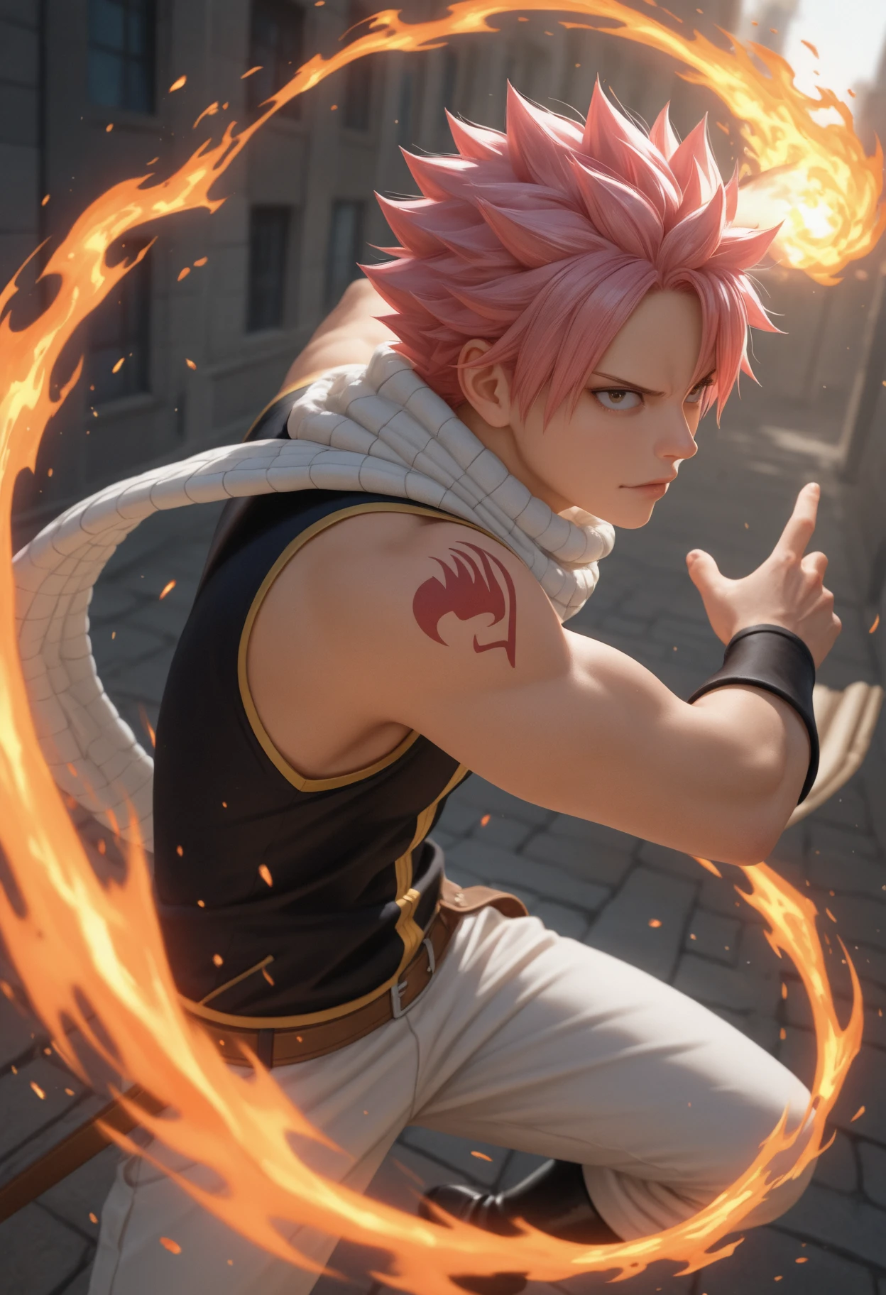 masterpiece, best quality, realistic, dynamic pose,
1boy, solo, depth of field, scenery,
natsu_dragneel, fairy_tail, fire,