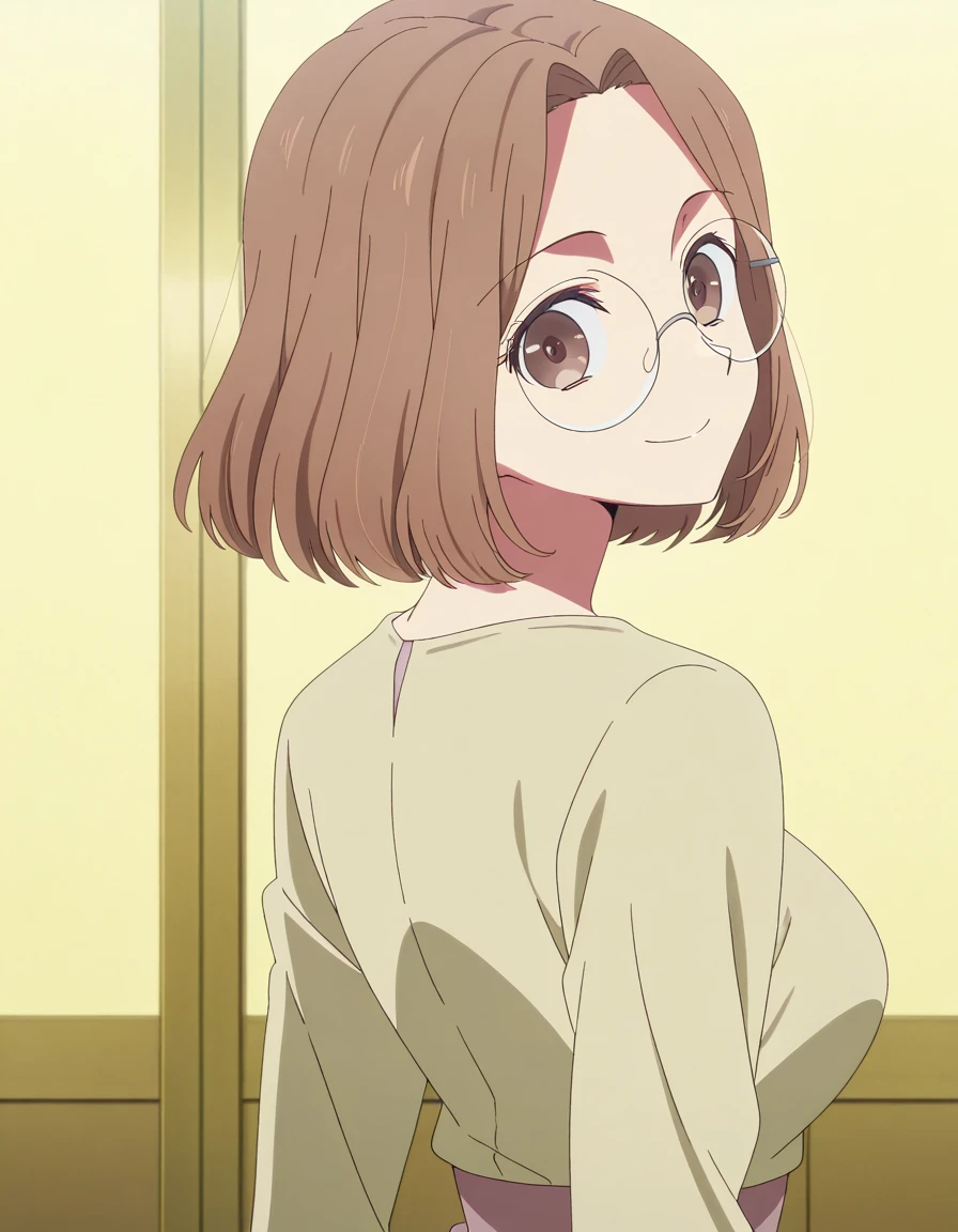 masterpiece, best quality, amazing quality,, <lora:yoriko-kichijouji-s2-illustriousxl-lora-nochekaiser:1>, yoriko kichijouji, short hair, brown hair, brown eyes, glasses, parted bangs, forehead, round eyewear, mature female, medium breasts, anime screencap, <lora:shaft-look-illustriousxl-lora-nochekaiser:1>, shaft look, looking back, from behind, head tilt, cowboy shot, smile,, , ,