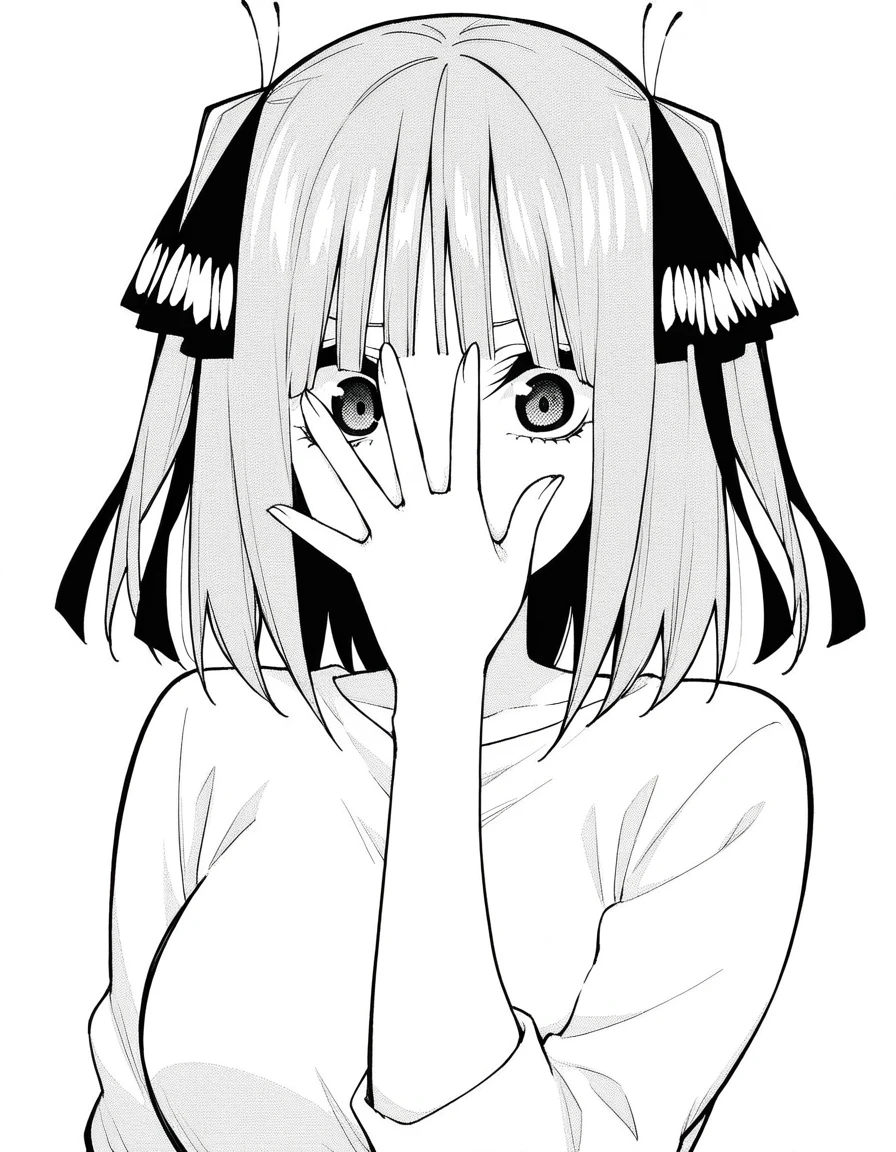 masterpiece, best quality, amazing quality,, <lora:nino-nakano-manga-illustriousxl-lora-nochekaiser:1>, nino nakano, nakano nino, short hair, bangs, hair ornament, hair ribbon, blunt bangs, two side up, butterfly hair ornament, monochrome, greyscale, mature female, breasts,, <lora:jonathan-joestars-pose-illustriousxl-lora-nochekaiser:1>, jonathan joestars pose, jonathan joestar's pose (jojo), jojo pose, covering face, hand up, upper body, , ,