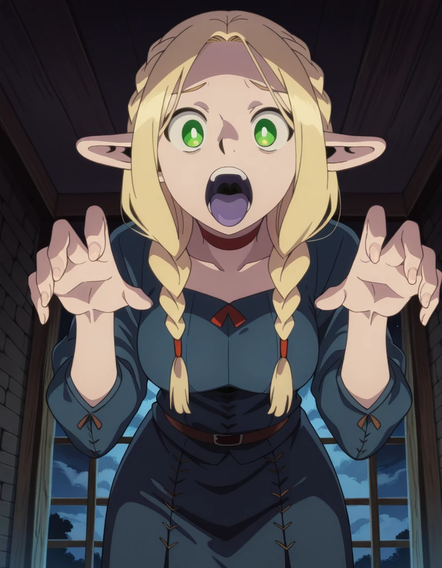 masterpiece, best quality, amazing quality,, <lora:marcille-donato-s1-illustriousxl-lora-nochekaiser:1>, marcille donato, long hair, blonde hair, green eyes, braid, pointy ears, twin braids, elf, bright pupils, parted bangs, mature female, medium breasts, anime screencap,, <lora:ghost-pose-illustriousxl-lora-nochekaiser:1>, ghost pose, ghost, purple tongue, open mouth, tongue, hands up, indoors, night, night sky, dark, horror (theme), cloud, dark cloud, dim lighting, dark room, backlighting, cowboy shot, , ,