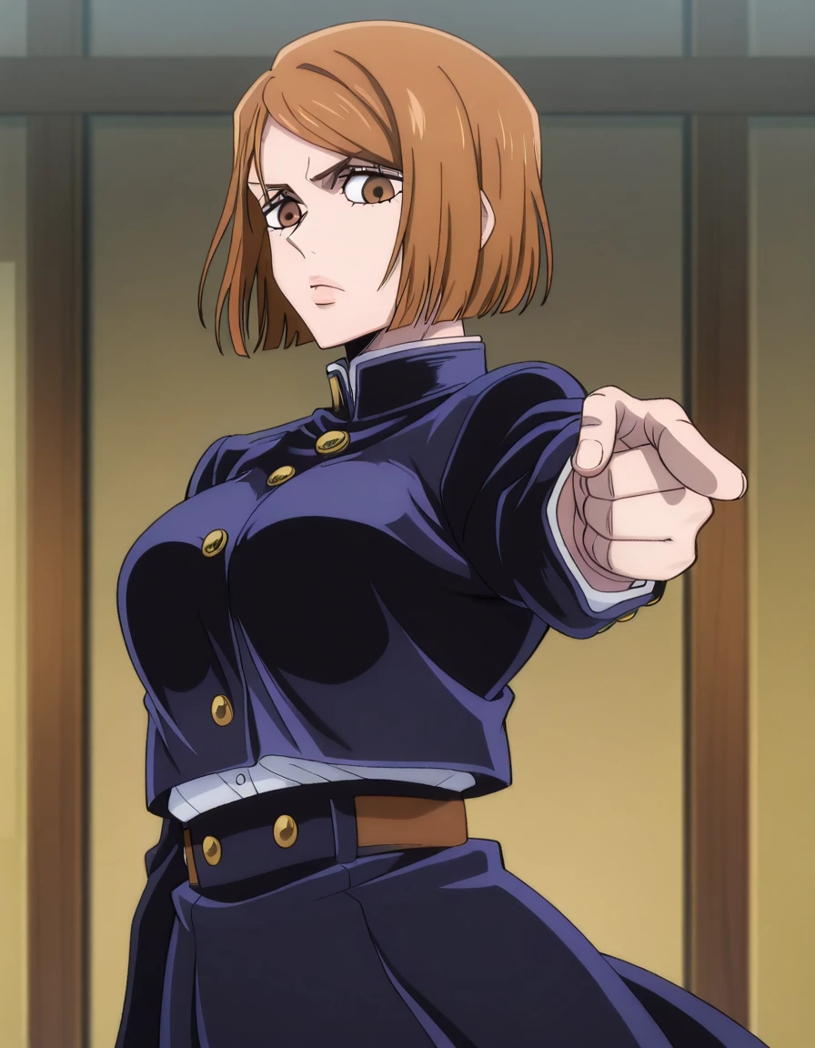 masterpiece, best quality, amazing quality,, <lora:nobara-kugisaki-s1s2-illustriousxl-lora-nochekaiser:1>, nobara kugisaki, kugisaki nobara, bob cut, brown eyes, brown hair, lips, short hair, mature female, breasts, anime screencap, <lora:jotaro-kujo-pose-illustriousxl-lora-nochekaiser:1>, jotaro kujo pose, kujo jotaro's pose (jojo), jojo pose, pointing, pointing at viewer, cowboy shot, , ,